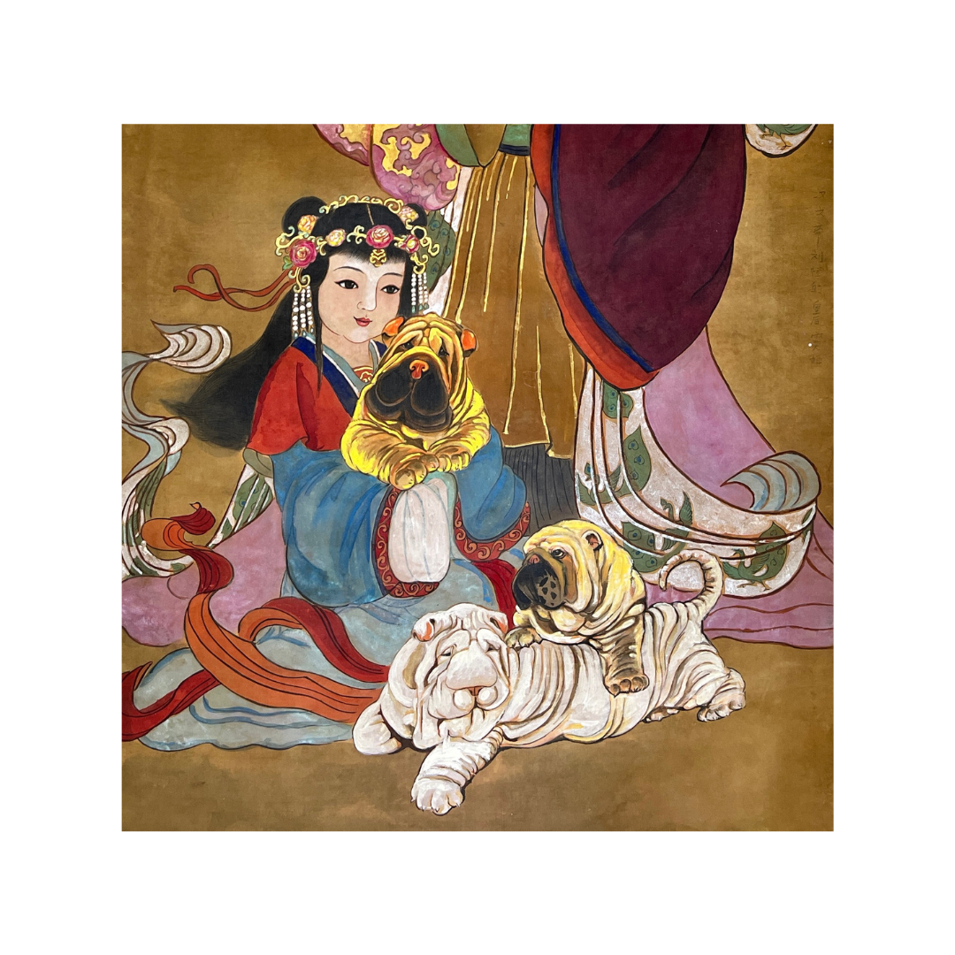 Young Girl, Puppies, Shar Pei, Fine Art Print, Young Empress, Chinese Watercolor, Animal Print, AAPI, Asian Gift, Asian Holiday, Gift for Her