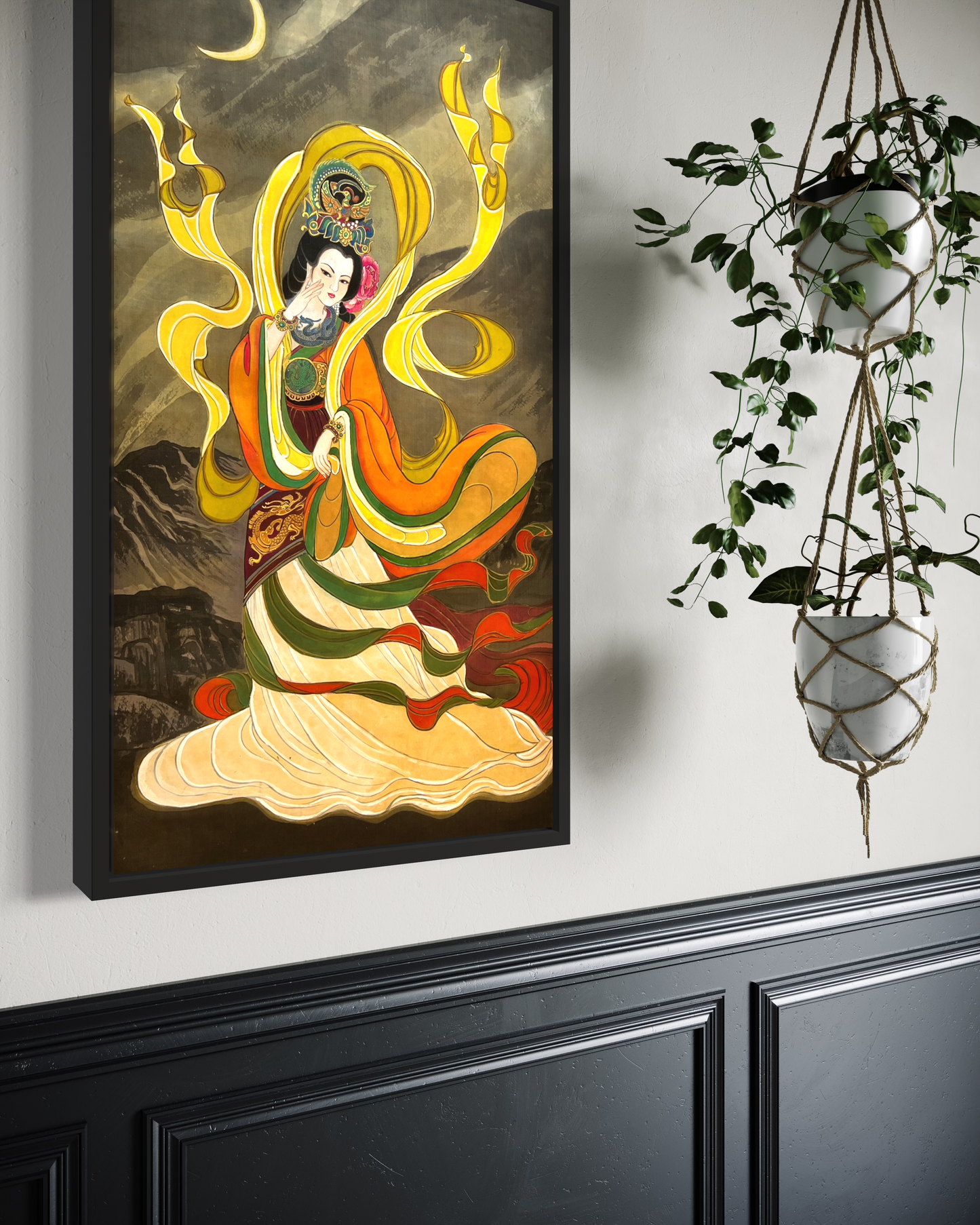 Empress Yan Ji (Han Dynasty), Stretched Canvas Print, Ready to Hang, Installed with D-Ring and Wires, Under Moonlight, Elegant Woman, Chinese watercolor on silk
