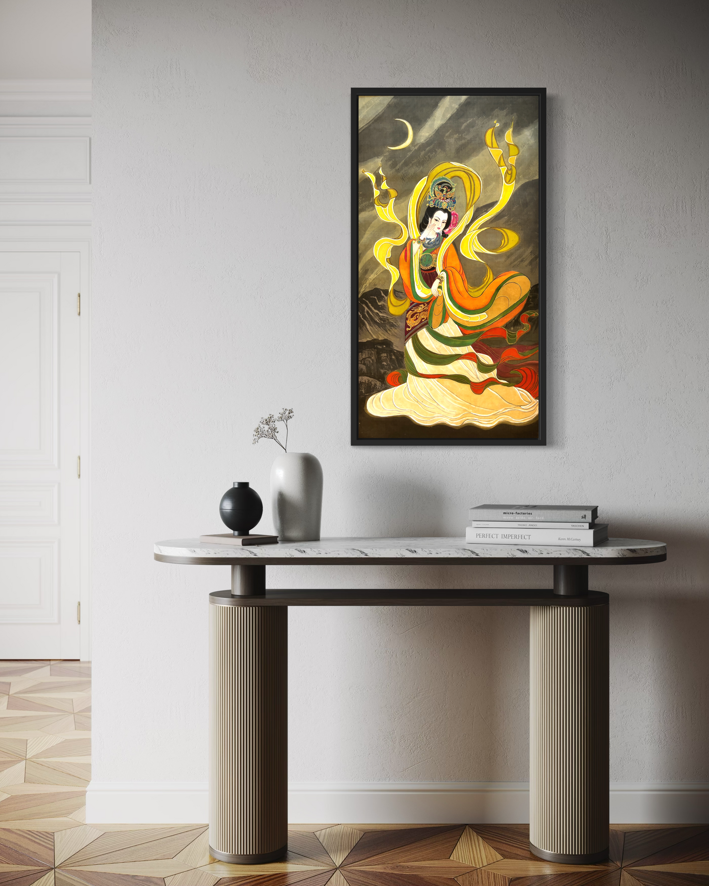 Empress Yan Ji (Han Dynasty), Stretched Canvas Print, Ready to Hang, Installed with D-Ring and Wires, Under Moonlight, Elegant Woman, Chinese watercolor on silk
