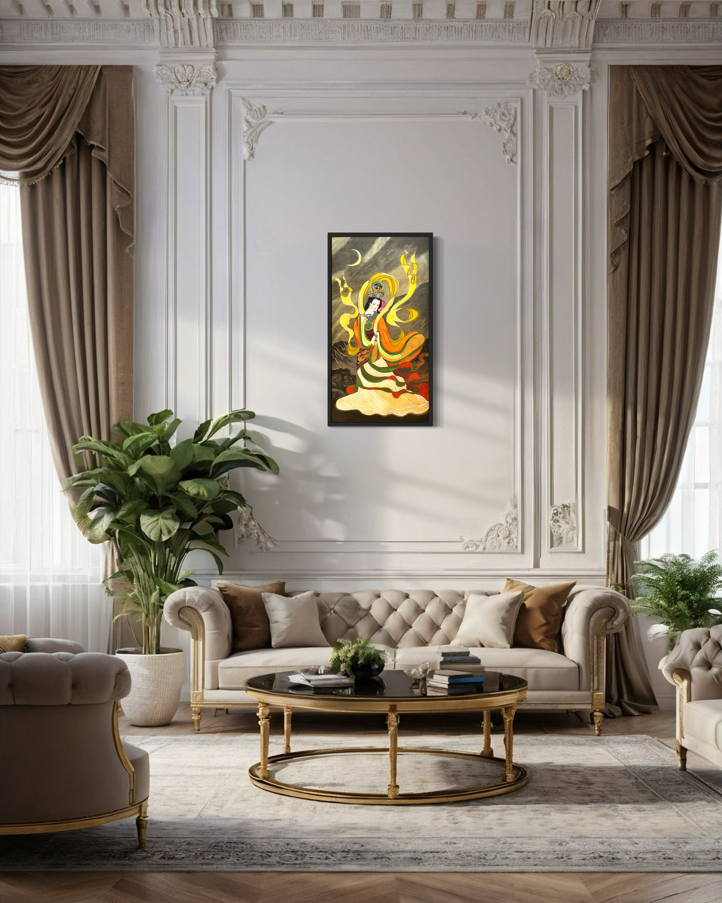 Empress Yan Ji (Han Dynasty), Stretched Canvas Print, Ready to Hang, Installed with D-Ring and Wires, Under Moonlight, Elegant Woman, Chinese watercolor on silk