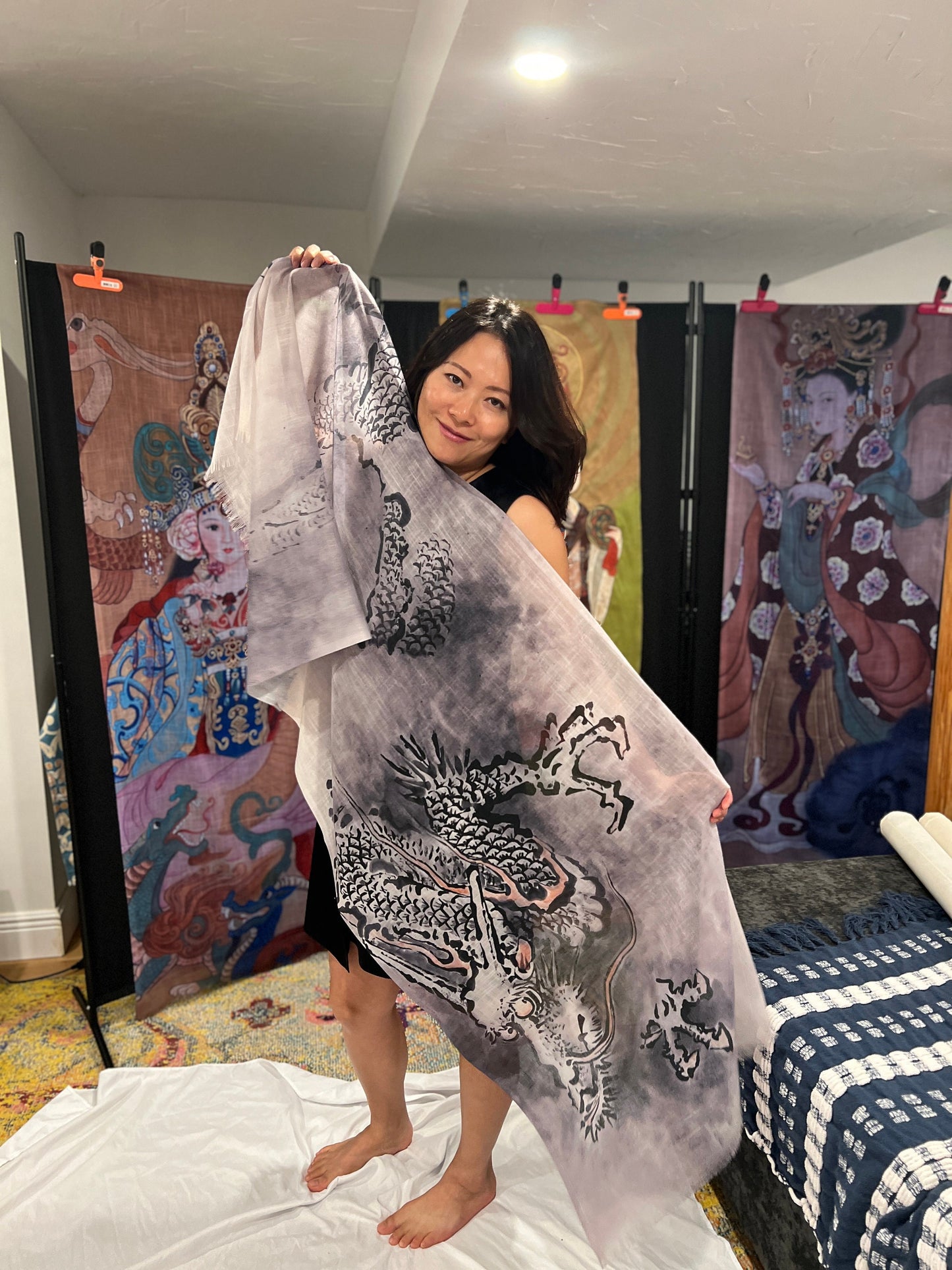 Cloud Dragon Light Scarf, water color painting on silk, Women fashion scarves, Chinese New Year gift, Unique cultural gift