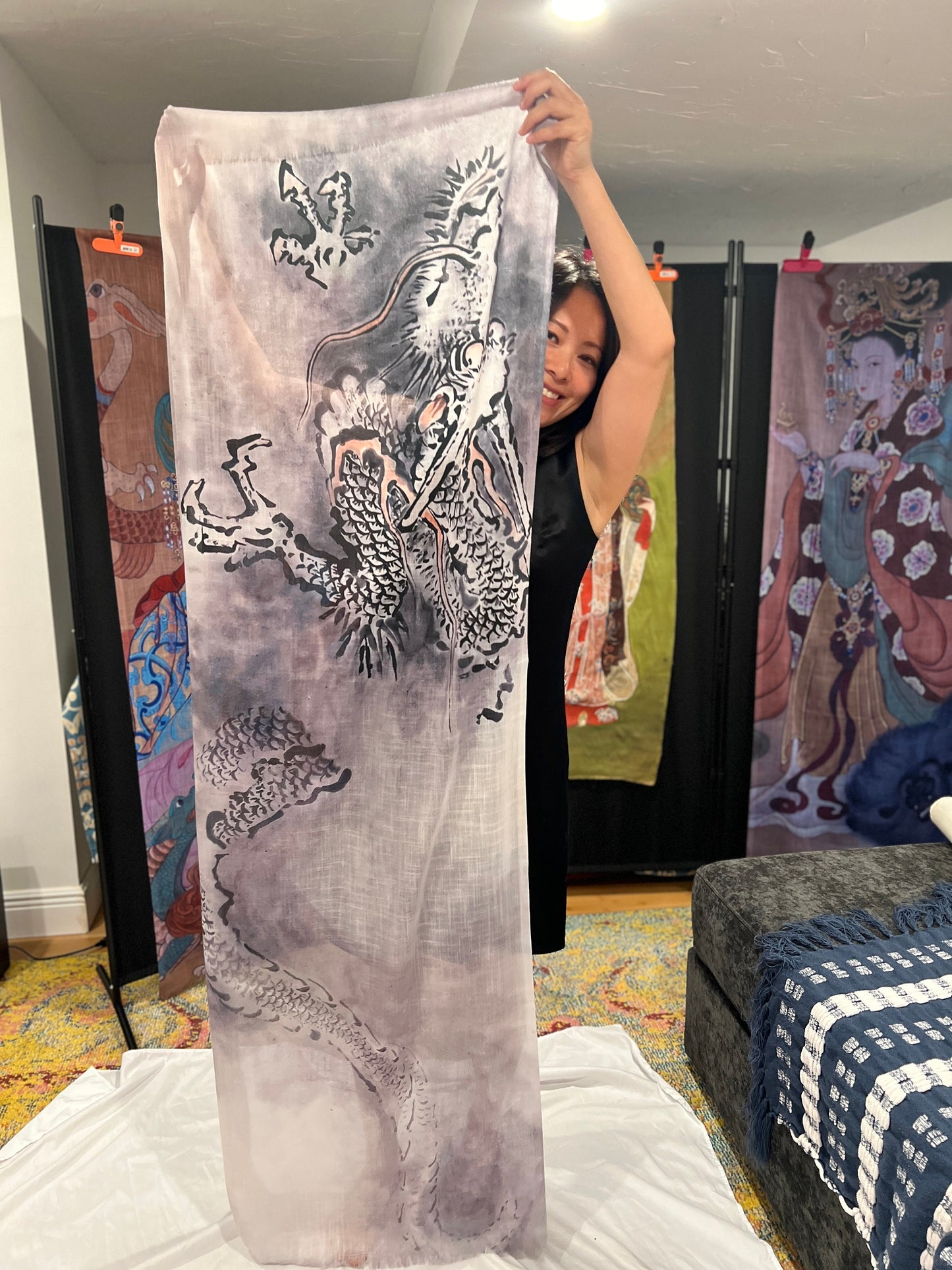 Cloud Dragon Light Scarf, water color painting on silk, Women fashion scarves, Chinese New Year gift, Unique cultural gift