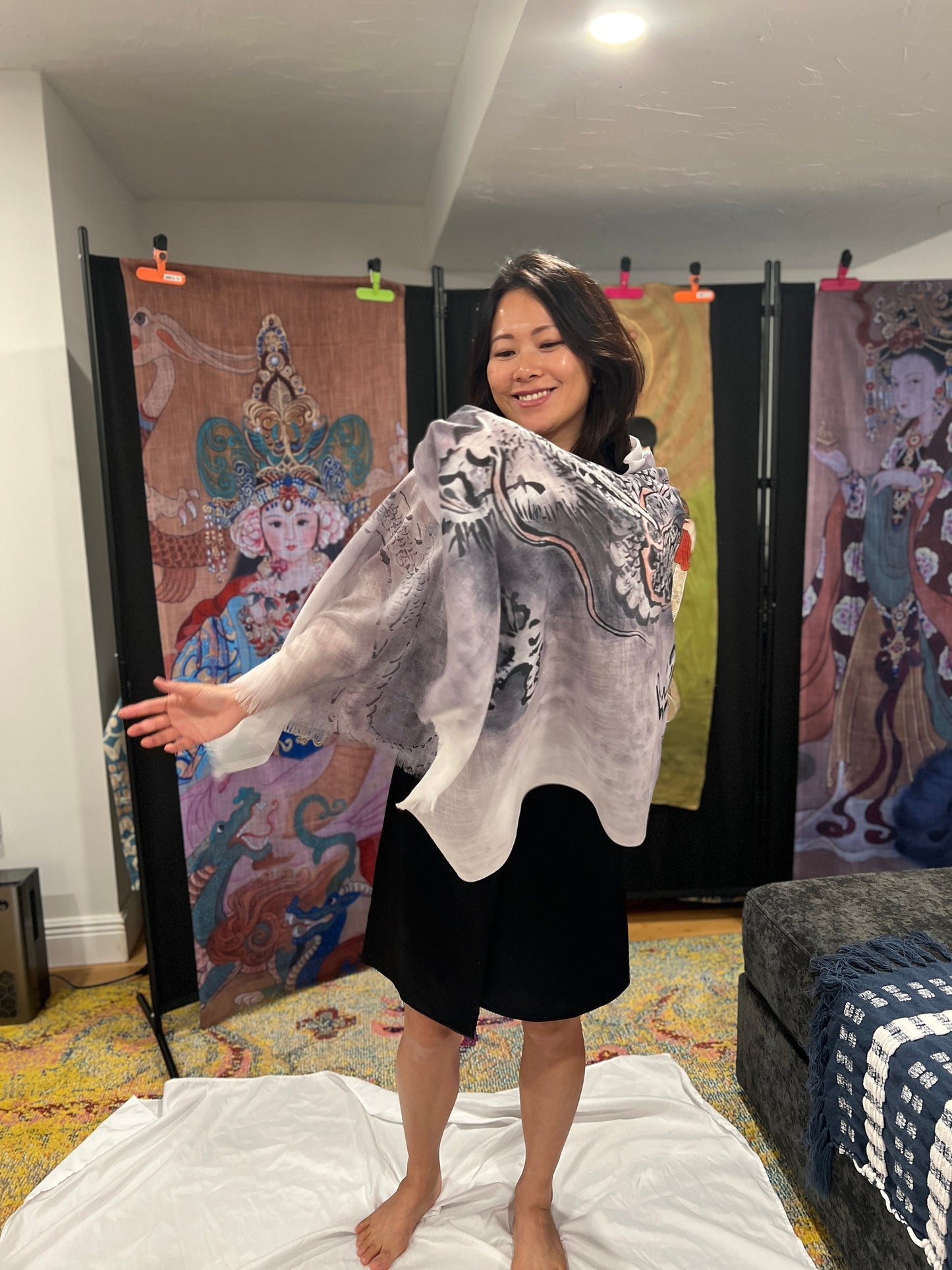 Cloud Dragon Light Scarf, water color painting on silk, Women fashion scarves, Chinese New Year gift, Unique cultural gift