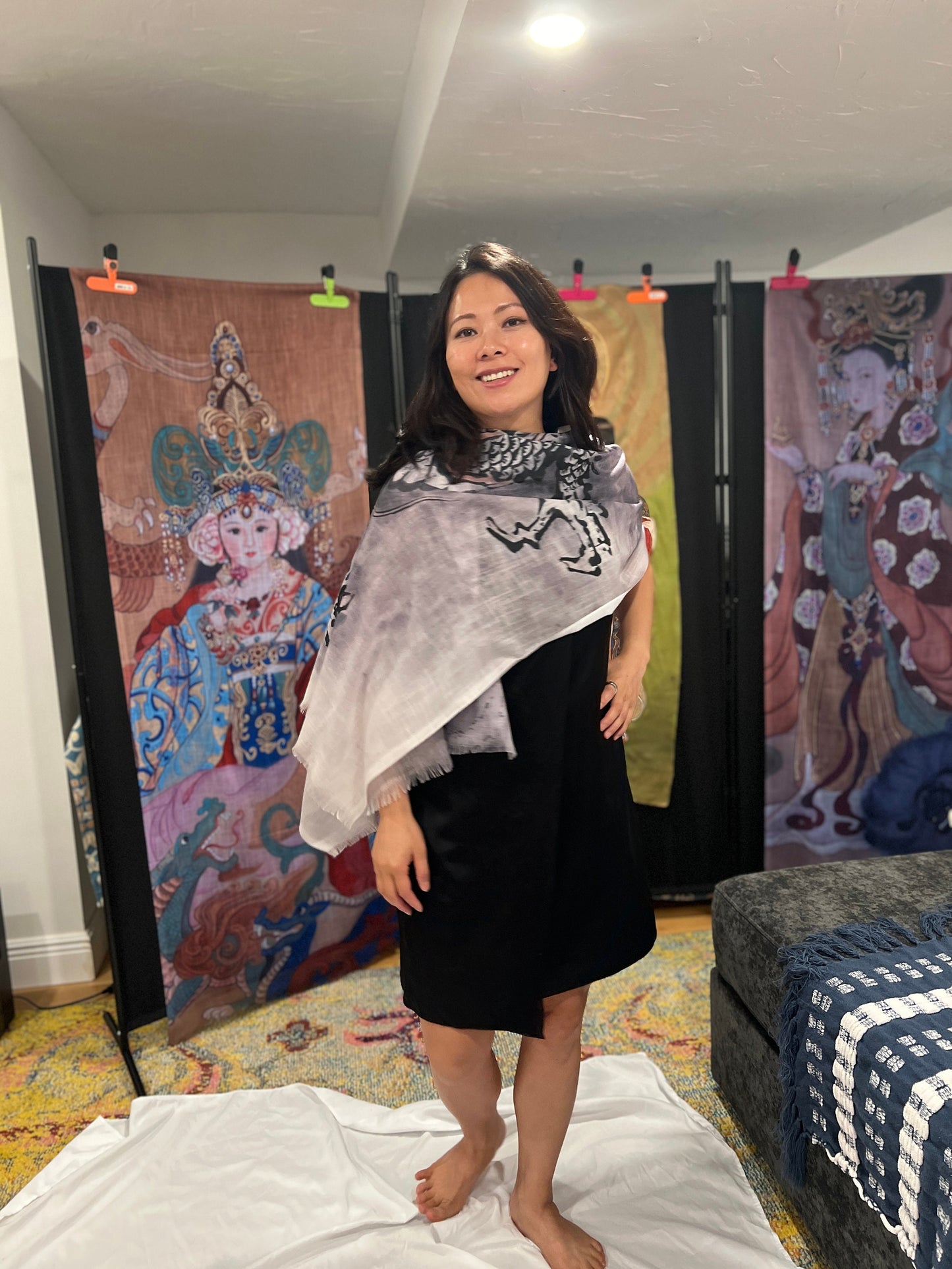 Cloud Dragon Light Scarf, water color painting on silk, Women fashion scarves, Chinese New Year gift, Unique cultural gift