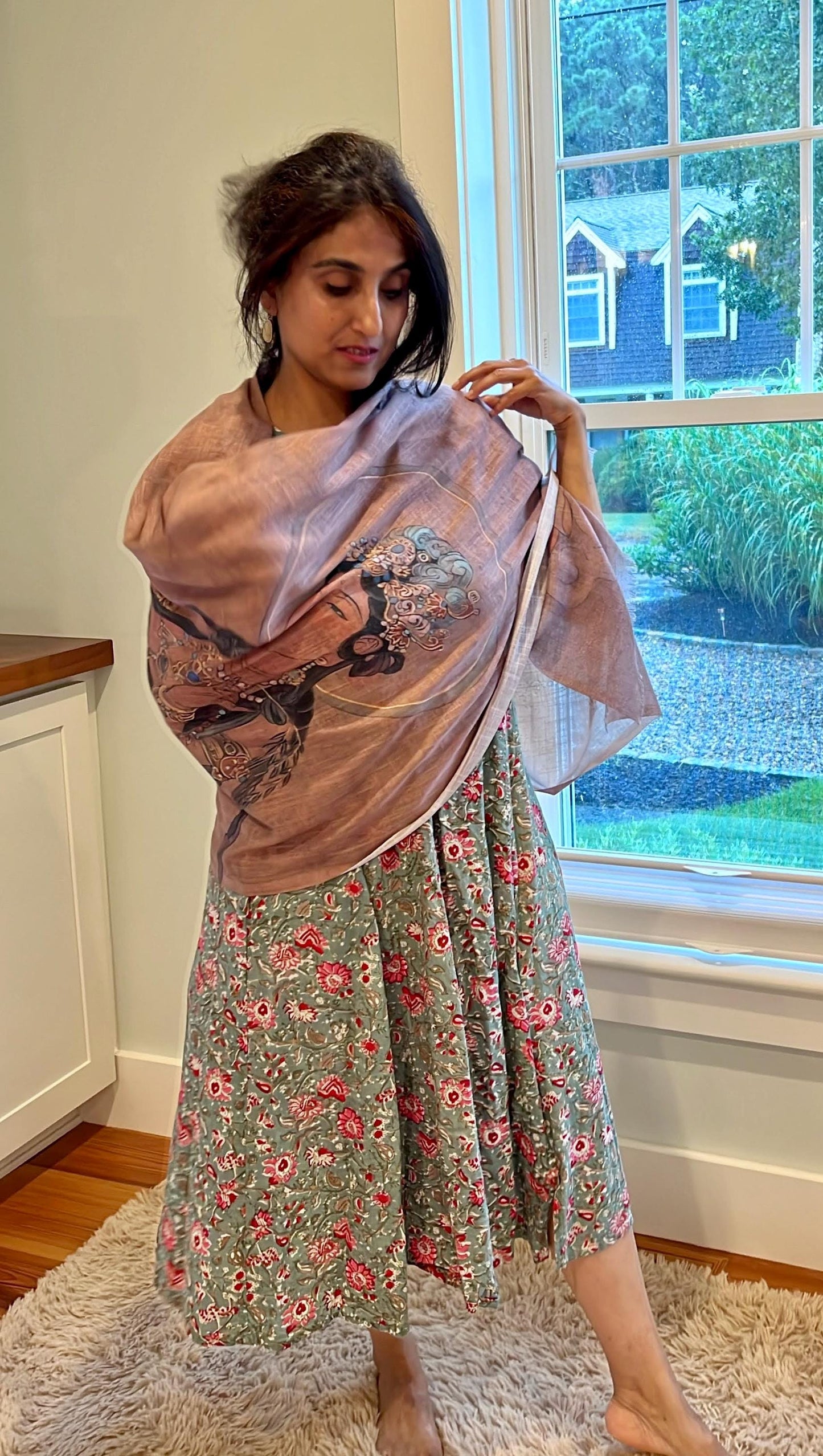 Guanyin Light Scarf, Buddai Chinese Buddha water color painting, women fashion scarf, Chinese New Year gift, unique cultural gift