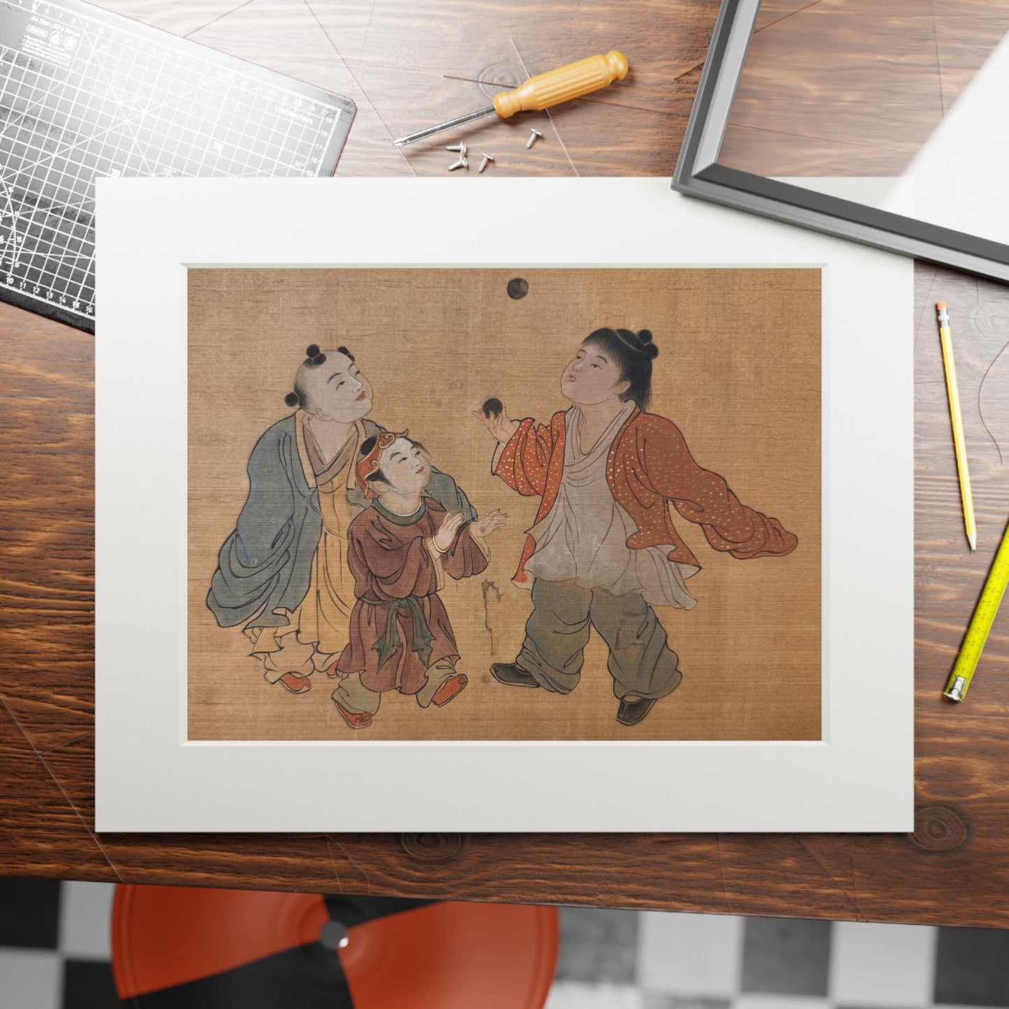 Fine Art Print, Song Dynasty Painting Xiang Li, Royal Children Playing, Chinese Watercolor, Passepartout Frame, Lunar New Year Gift