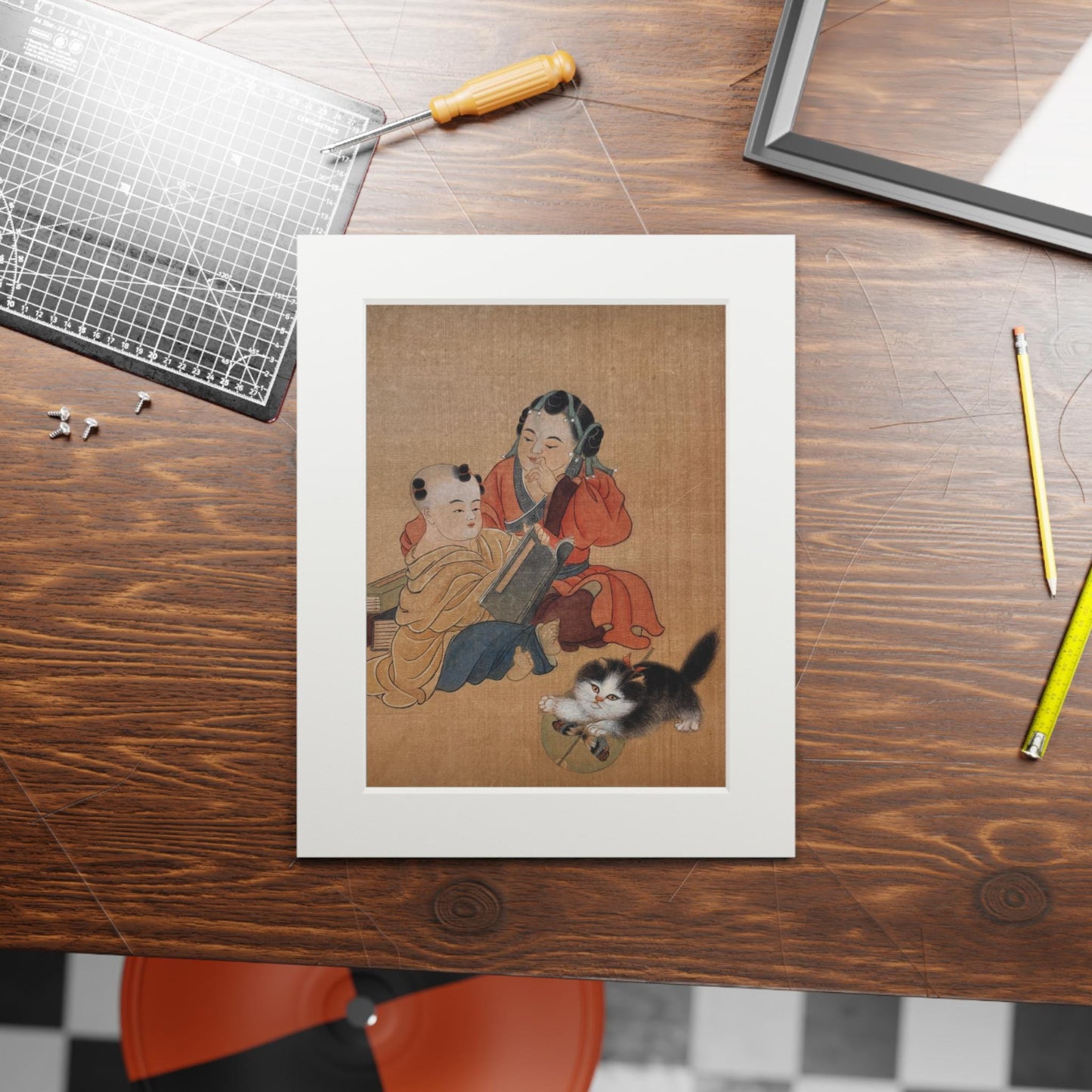 Fine Art Prints, Song Dynasty Painting by Xiang Li, Royal Children with Pet Cat, Lunar New Year Gift, Chinese Watercolor, Passepartout Frame