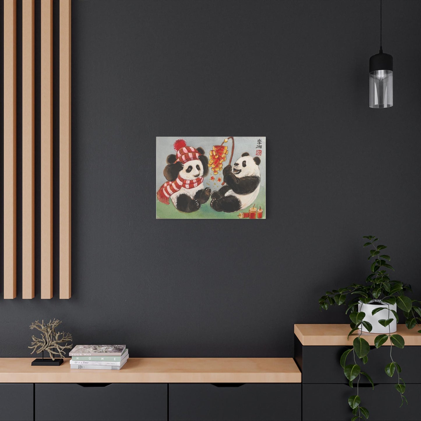 Panda Bears With Fireworks, Animal Canvas Wall Art, Giant Pandas Bao Li and Qing Bao, Chinese Watercolor Print, Lunar New Year Gifting