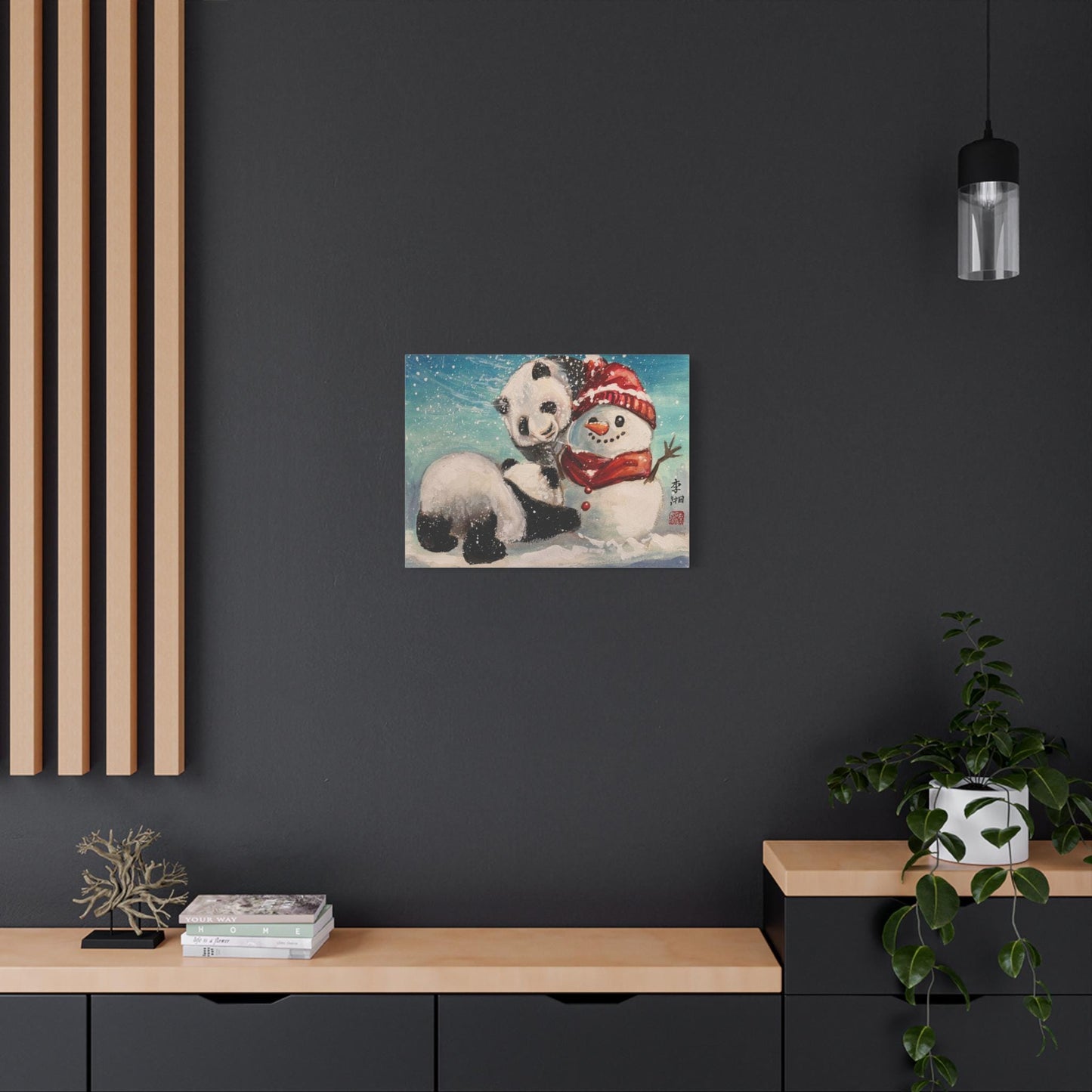 Panda Bears Building Snowman, Adorable Canvas Wall Art, Giant Pandas Bao Li and Qing Bao, Chinese Watercolor Print, Whimsical Animal Art