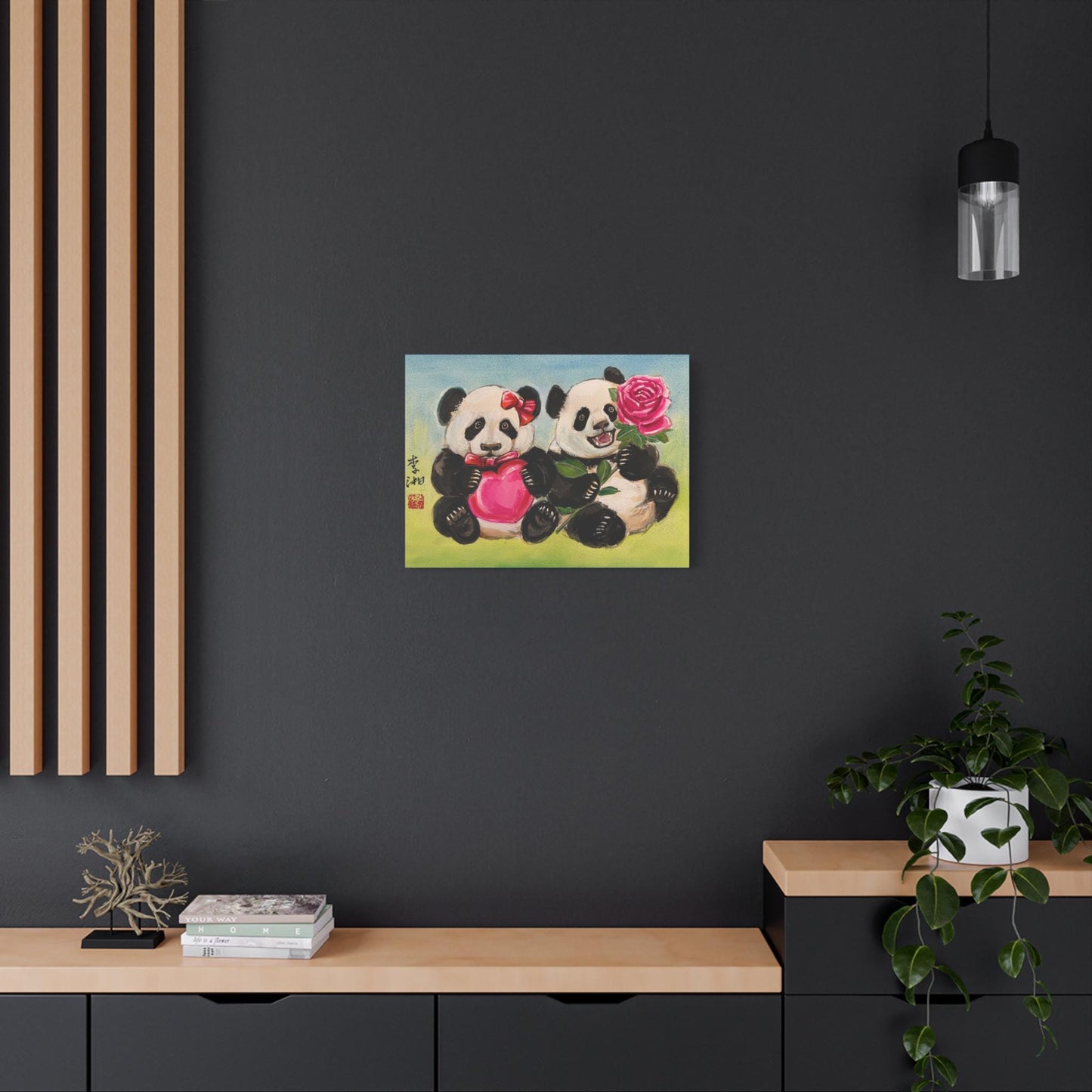 Canvas Wall Art, Giant Pandas Bao Li and Qing Bao, Valentine's Hearts and Roses, Chinese Watercolor Print, Stretched Matte, Animal Art