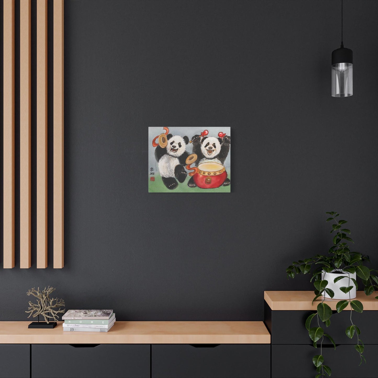 Musical Pandas with Drums, Canvas Wall Art, Giant Pandas Bao Li and Qing Bao, Chinese Watercolor Print, Stretched Matte, Animal Art