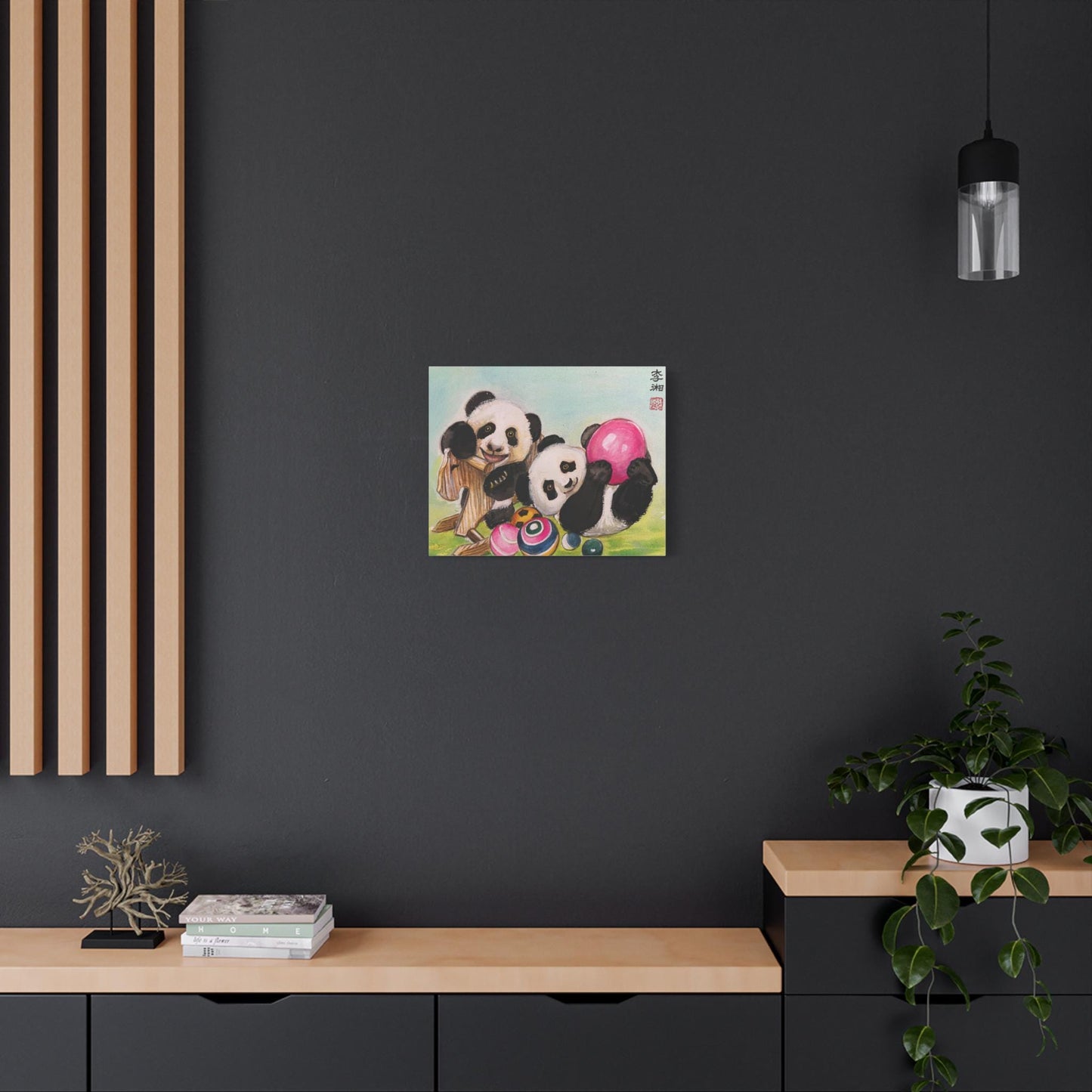 Playtime with Panda Bears, Canvas Wall Art, Giant Pandas Bao Li and Qing Bao, Chinese Watercolor Print, Stretched Matte, Animal art