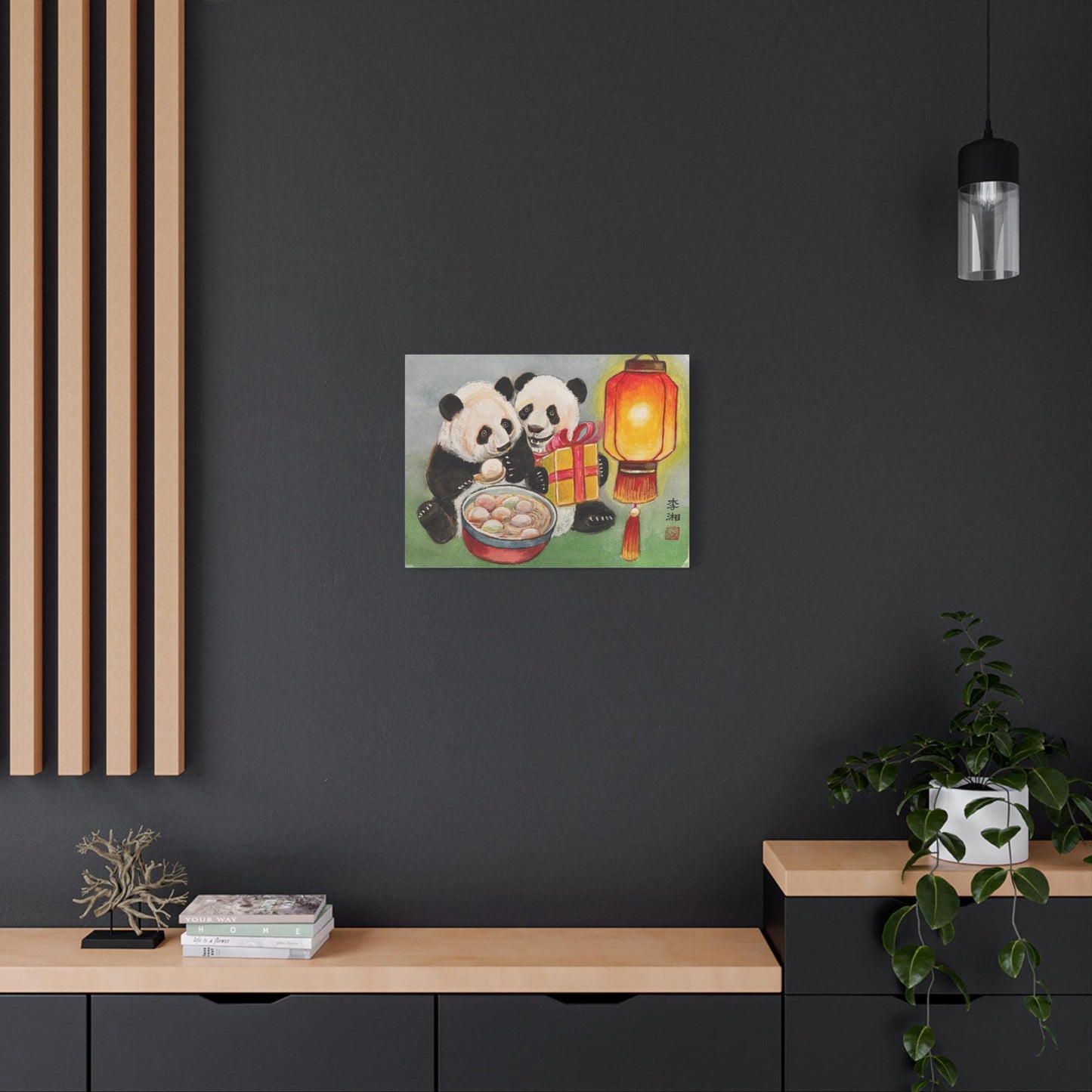 Lantern Festival with Panda Bears Eating Tang Yuan, Canvas Wall Art, Giant Pandas Bao Li and Qing Bao, Chinese Watercolor Print