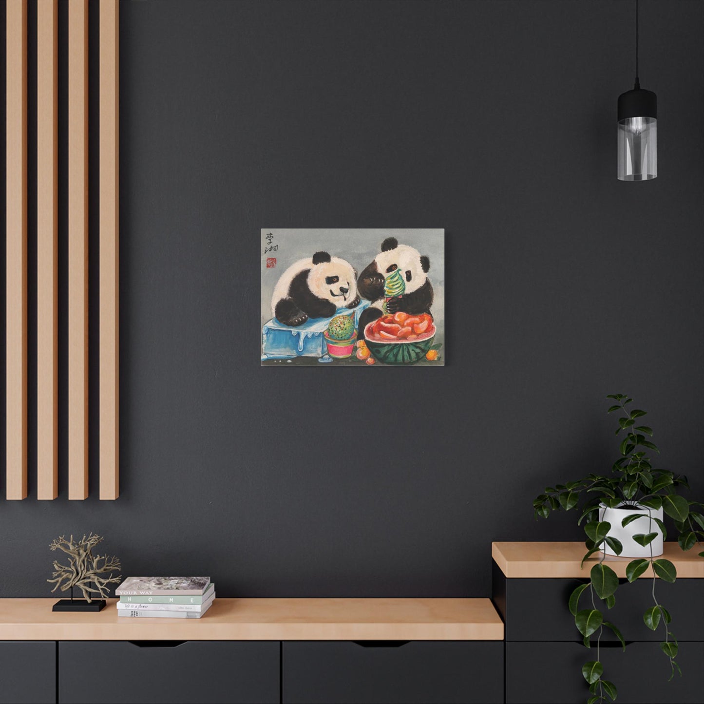 Adorable Panda Bears Eating Ice Cream, Canvas Wall Art, Giant Pandas Bao Li and Qing Bao, Chinese Watercolor Print, Animal Wall Art