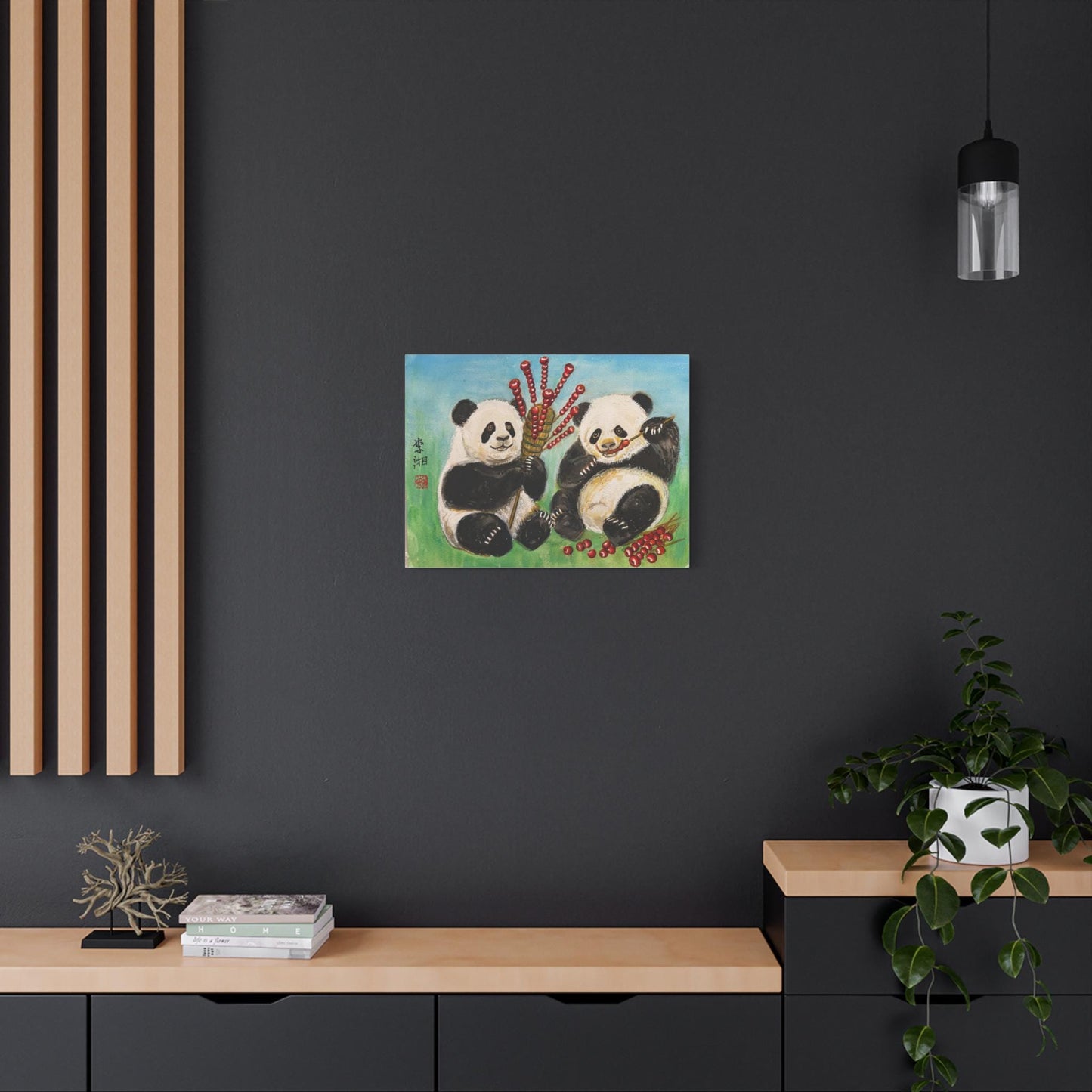 Panda Bears Eating Sugar Hawthorn, Whimsical Canvas Wall Art, Giant Pandas Bao Li and Qing Bao, Chinese Watercolor Print, Adorable Gift