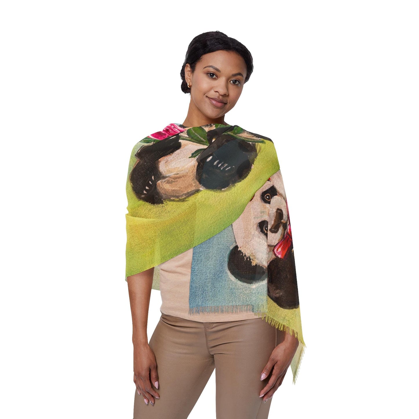 Panda Light Scarf, Cute Animal Fashion Accessory, Valentine's Day Gift, Whimsical Hearts and Roses, Gift for Her, Winter Wrap