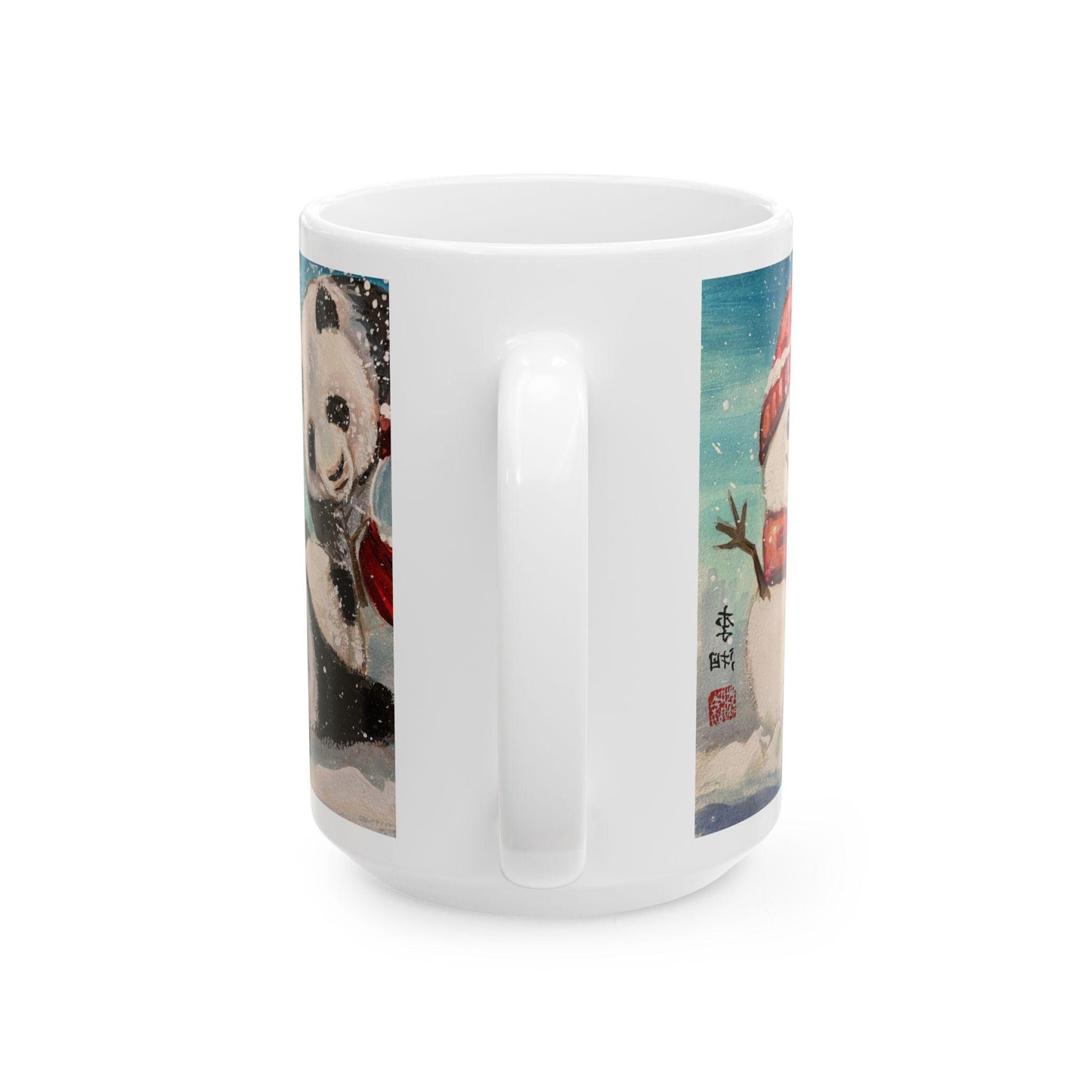 Whimsical Panda Ceramic Mug | Cute Animal Gifts for Tea and Coffee Lovers, Holiday Decor, Winter, Birthdays, Cozy Home, Panda Snowman Art