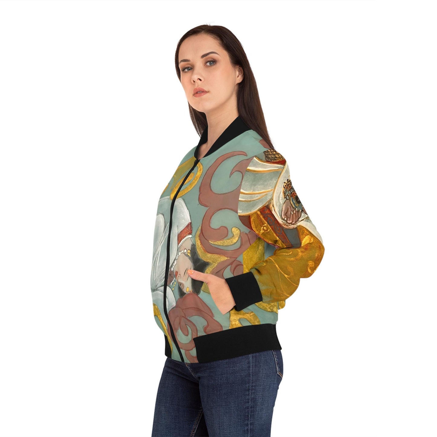 Chinese Empresses Women's Bomber Jacket - Light Blue Stand-Collar Outerwear Gift for Her, Ribbed Cuffs, Exclusive Piece