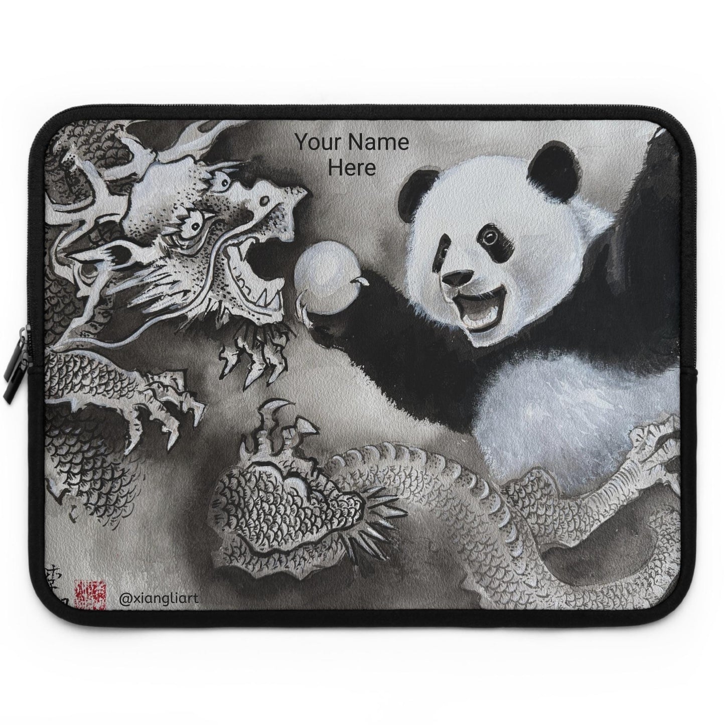 Panda and Dragon Illustration Laptop Sleeve | Black and White Ink Art