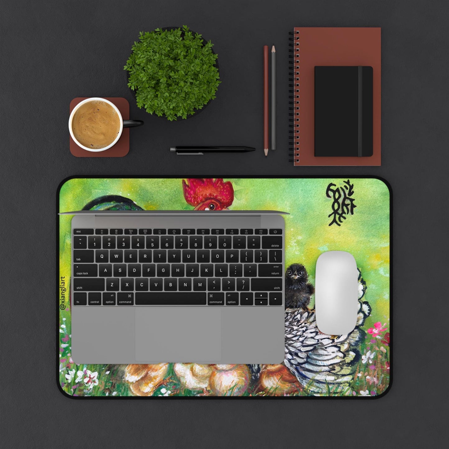 Rooster Hen and Chicks Desk Mat | Farmhouse Chicken Illustration