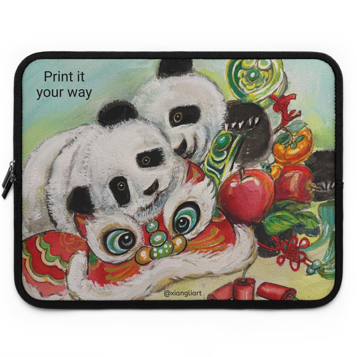 Panda Lion Dance Lunar New Year Celebration Laptop Sleeve | Cute Chinese New Year Illustration