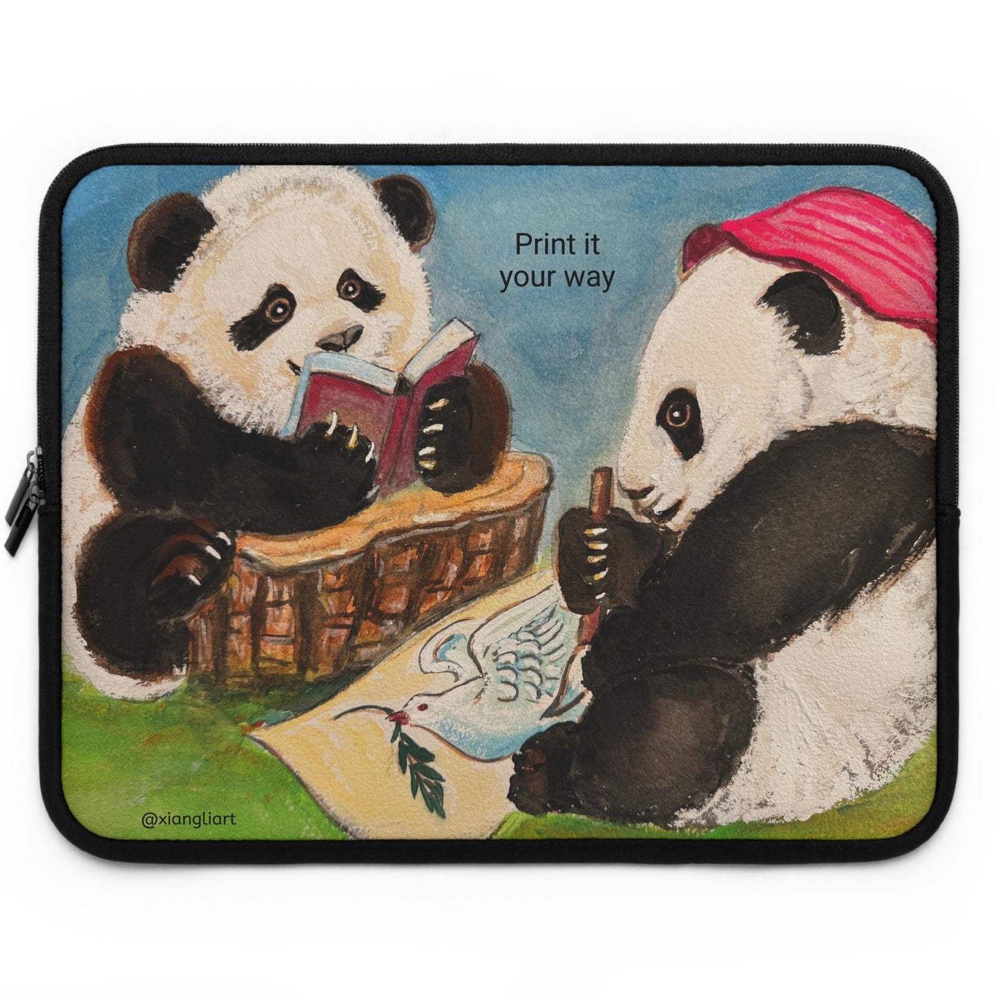 Reading Pandas Laptop Sleeve Chinese Lunar New Year Best Gift | Cute Book-Loving Panda Illustration