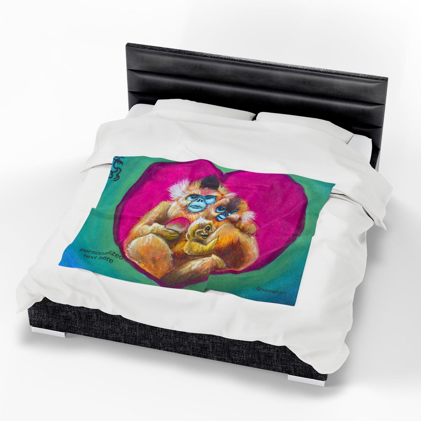 Heart Monkey Family Velveteen Plush Blanket | Colorful Mama and Baby Illustration