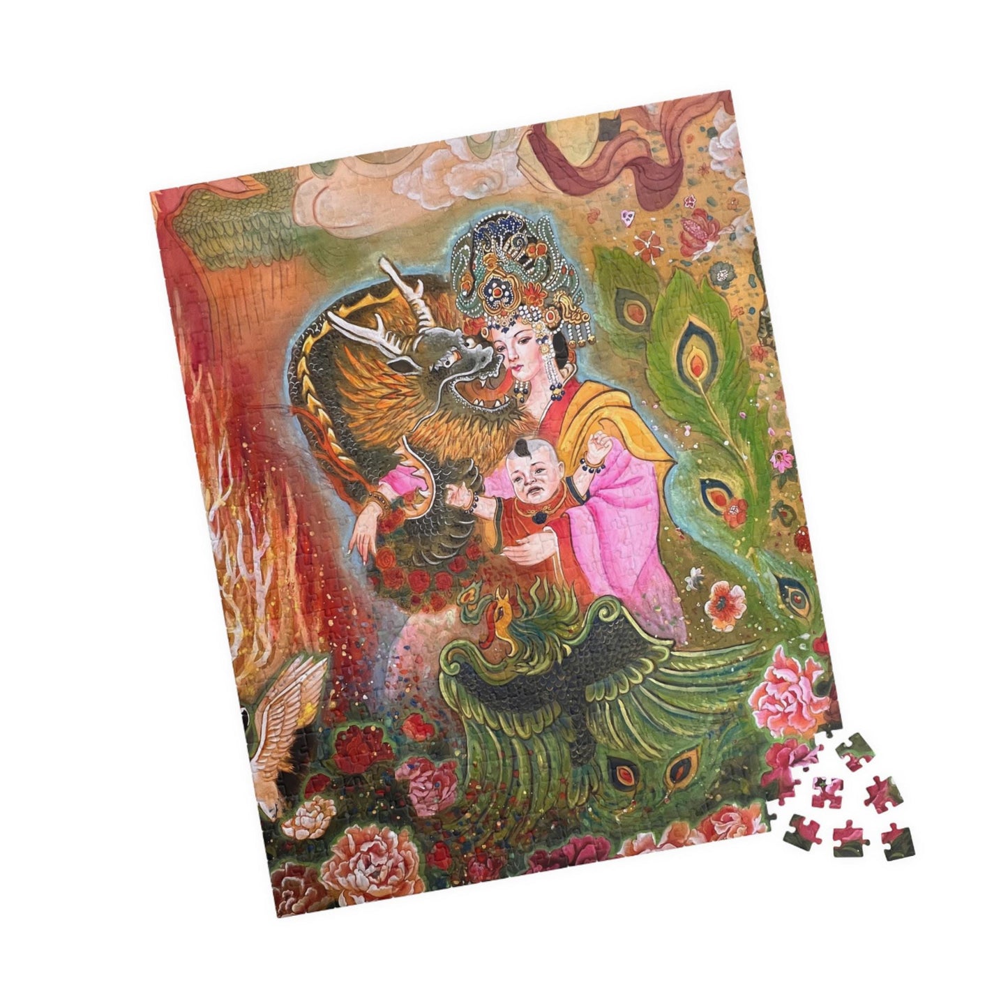 Asian Mythical Dragon Goddess Puzzle 520-Piece | Temple Art Jigsaw | Chinese Empress | Watercolor