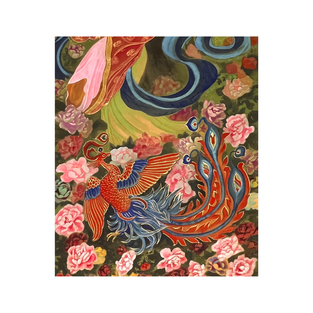 Red Phoenix and Pink Roses, Fine Art Print, Chinese Watercolor, Animal Print, Rising Phoenix, Good Luck, AAPI