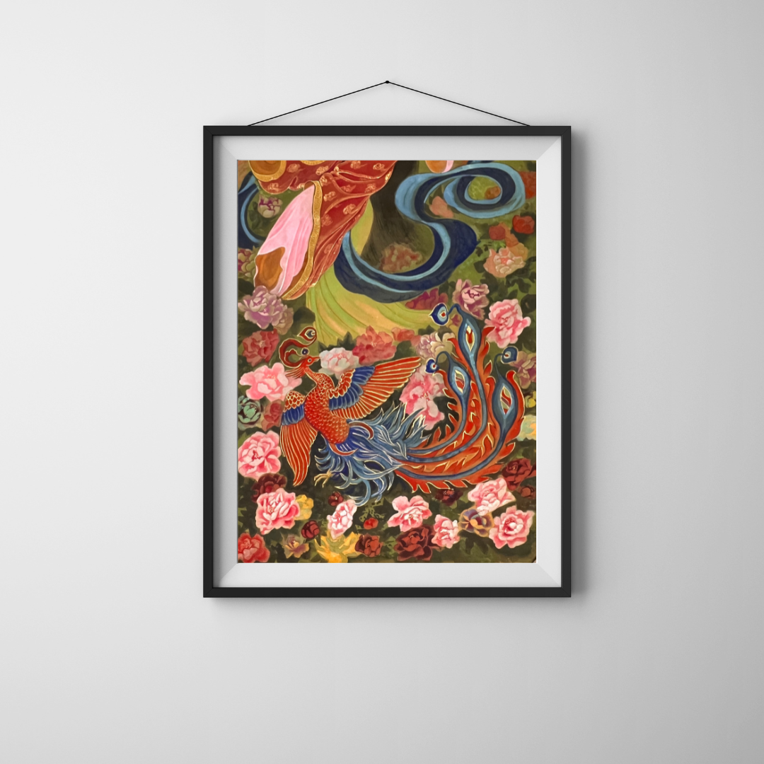 Red Phoenix and Pink Roses, Fine Art Print, Chinese Watercolor, Animal Print, Rising Phoenix, Good Luck, AAPI