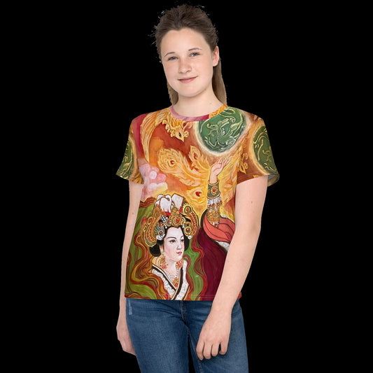 Lucky Dragon & Chinese Empress Youth crew neck t-shirt, Chinese New Year Gift, Chinese Watercolor Painting Design, Year of the Snake