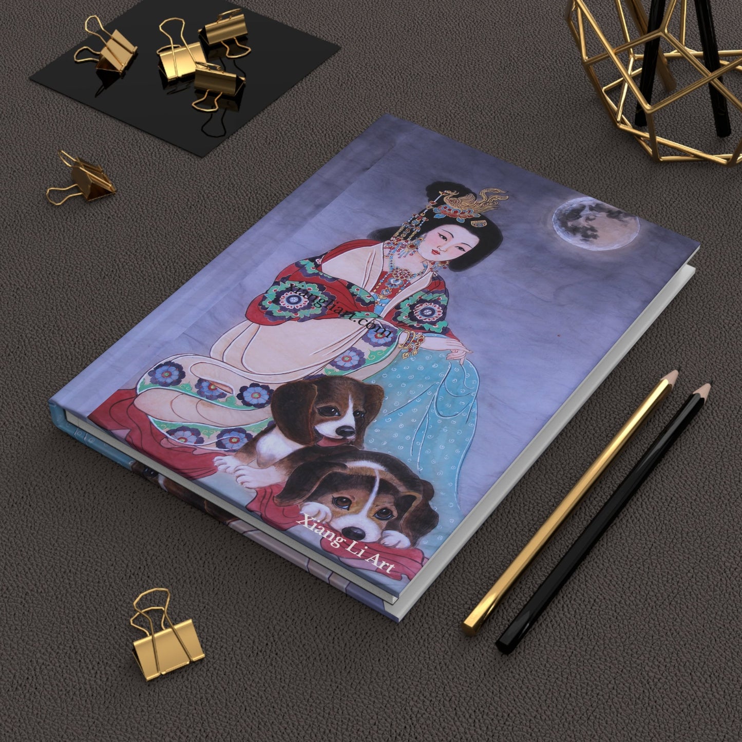 Hardcover Journal Matte | With Ancient Chinese Empress and Her Pet Dogs | Print of Chinese watercolor on silk