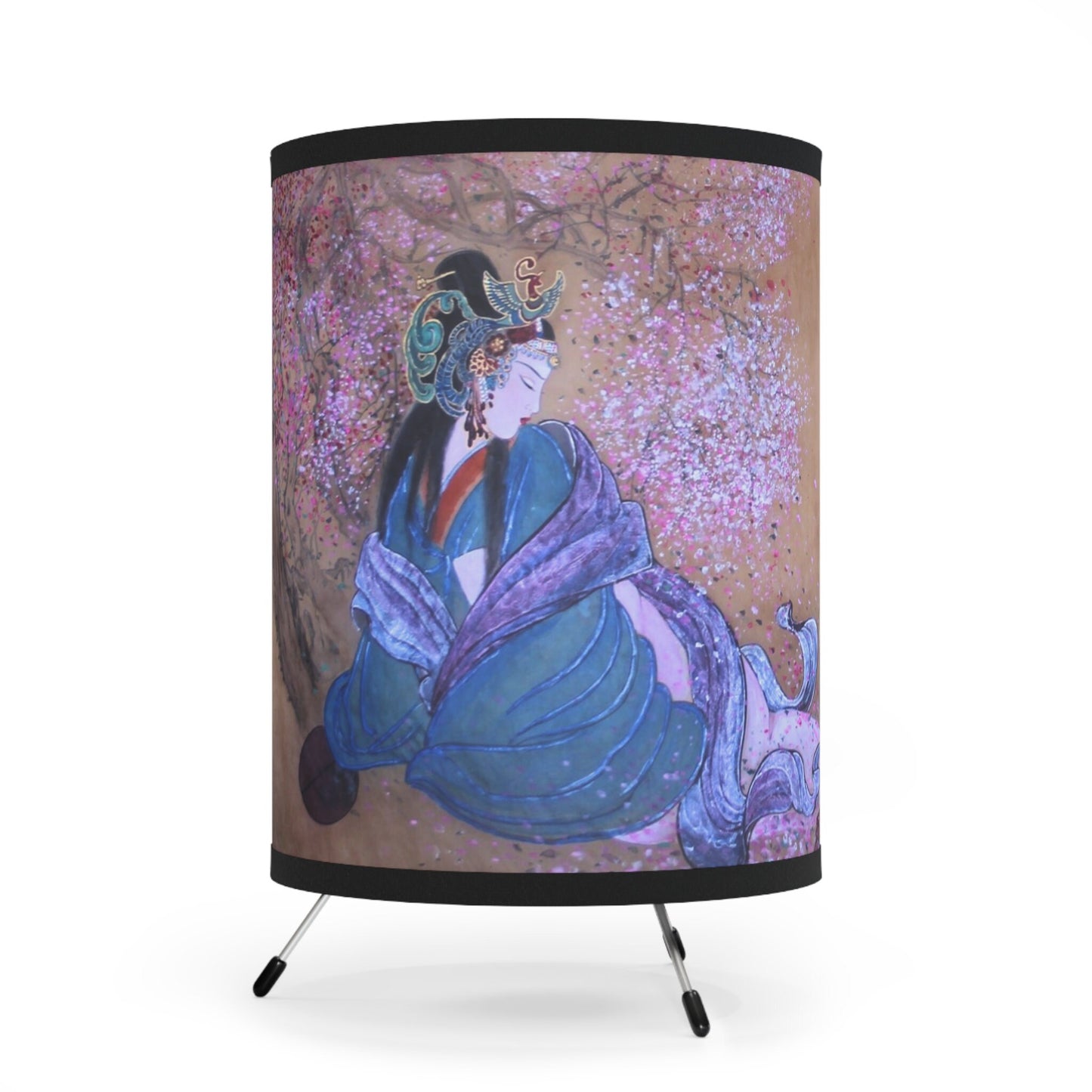 Tripod Lamp with High-Res Printed Shade | Chinese water color painting of women playing musical string instrument | Lunar New Year Gift