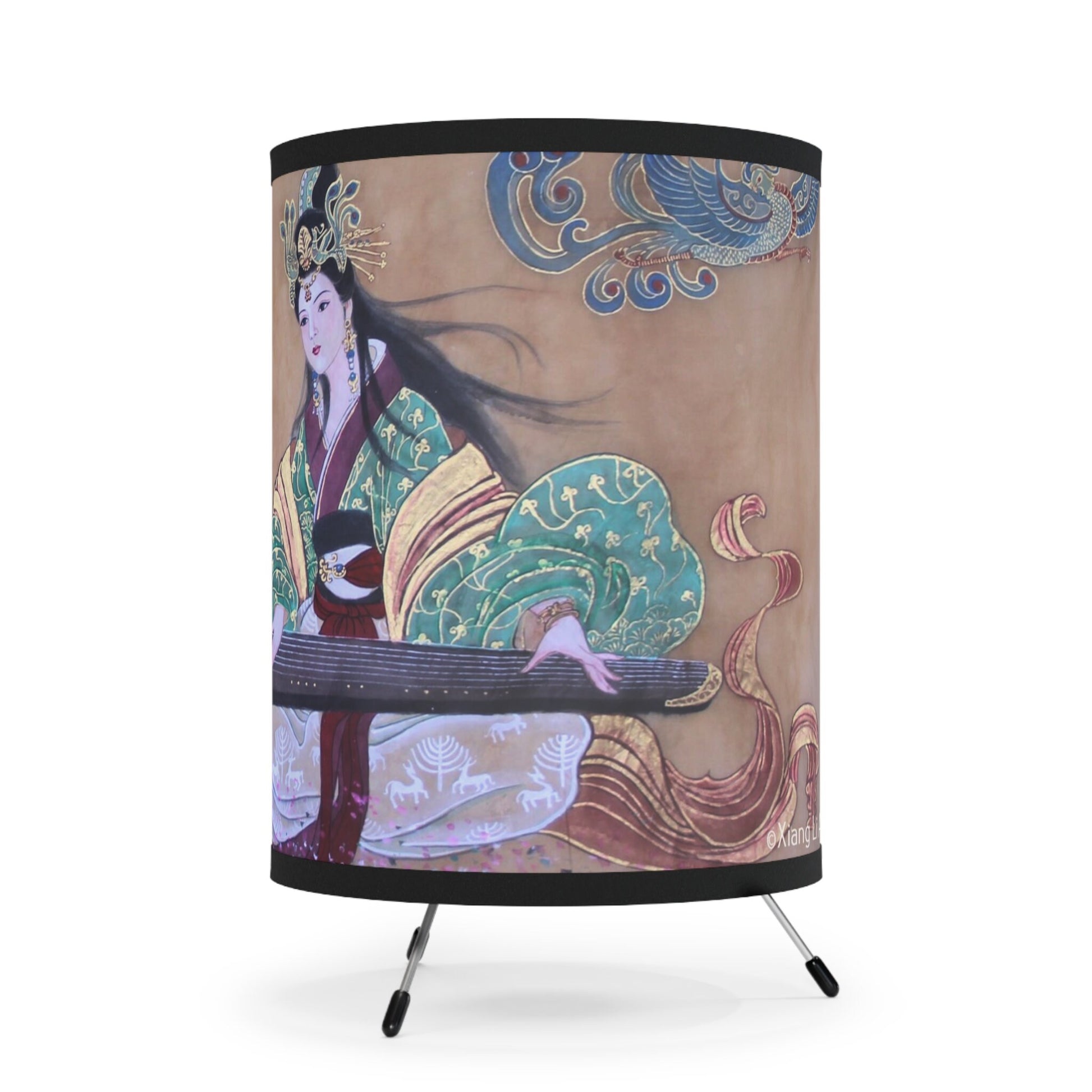 Tripod Lamp with High-Res Printed Shade | Chinese water color painting of women playing musical string instrument | Lunar New Year Gift