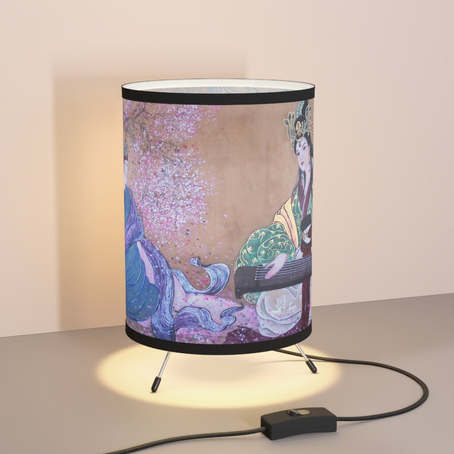 Tripod Lamp with High-Res Printed Shade | Chinese water color painting of women playing musical string instrument | Lunar New Year Gift