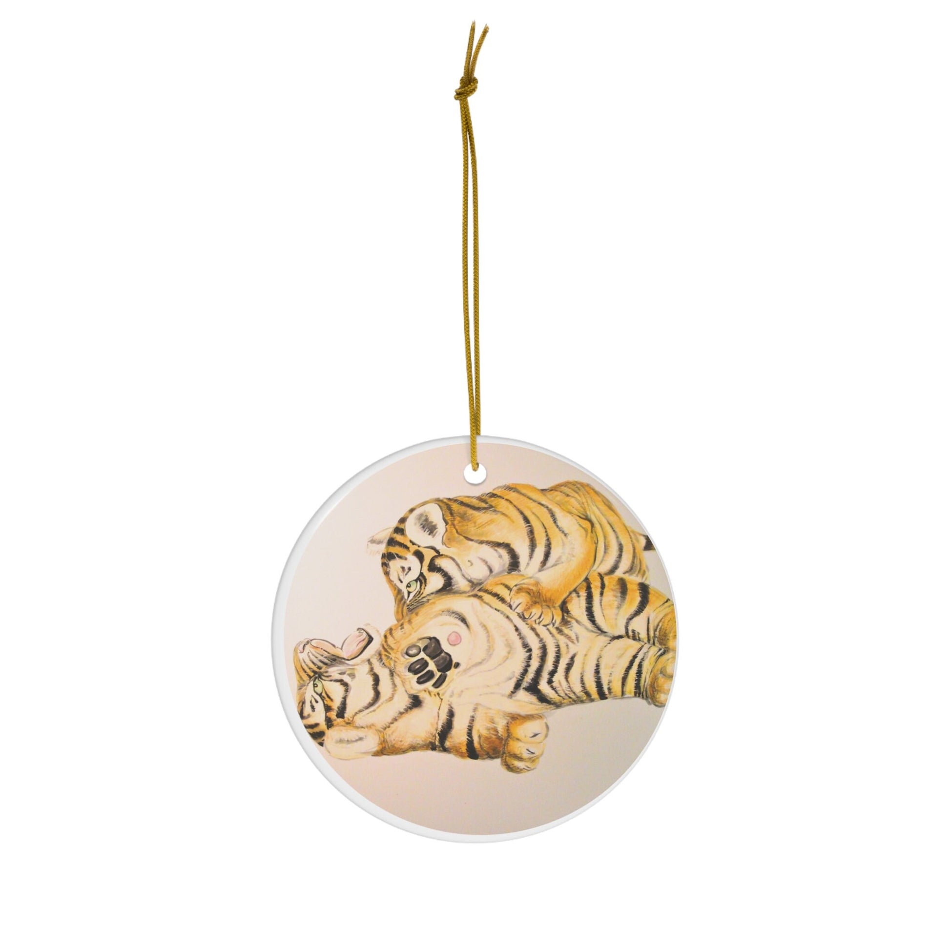 Ceramic Christmas Tree Ornament, painting of tiger cubs in watercolor technique, animal or art lover gift, present, stocking stuffer