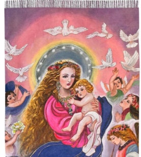 Madonna and baby Jesus in Watercolor Light Scarf, Women fashion scarf, Christmas, Chinese New Year gift, unique cultural gift, gift of Faith