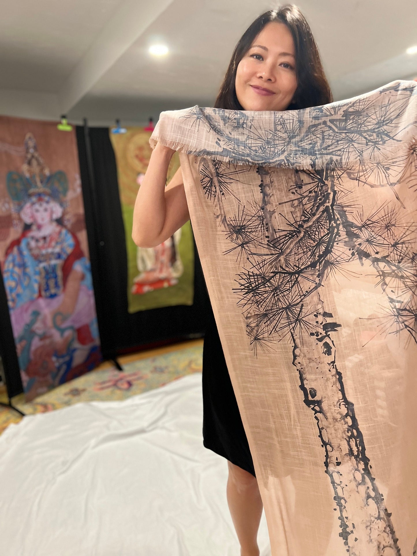 Old Man under the Pine Tree Light Scarf, water color painting on silk, women fashion scarves, Chinese New Year gift, unique cultural gift