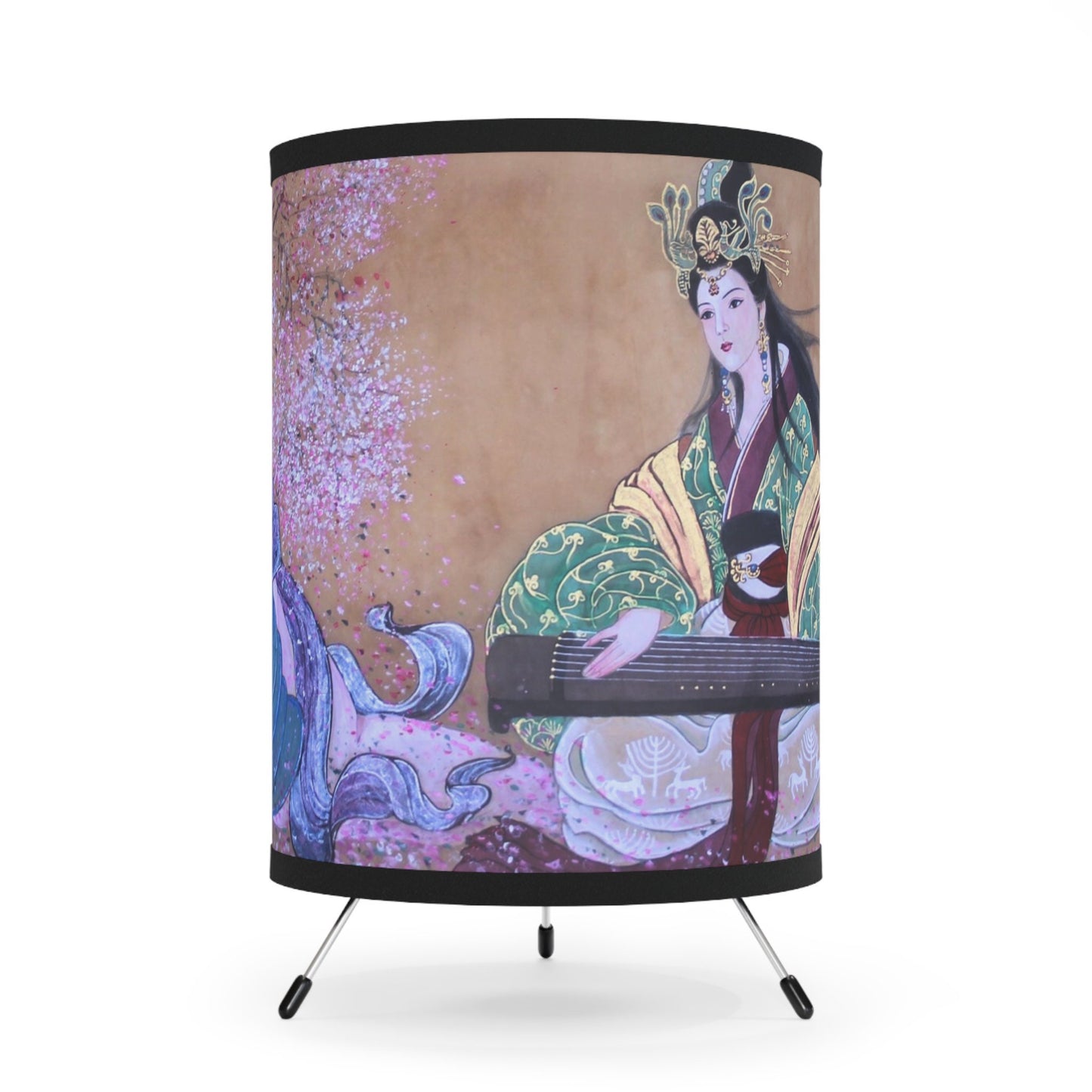 Tripod Lamp with High-Res Printed Shade | Chinese water color painting of women playing musical string instrument | Lunar New Year Gift