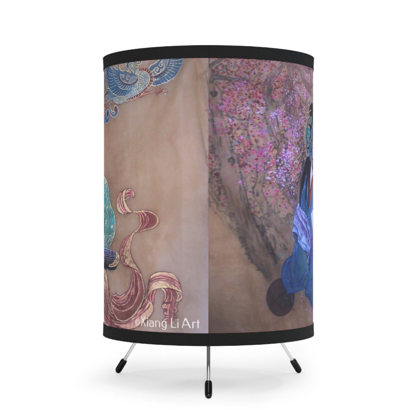 Tripod Lamp with High-Res Printed Shade | Chinese water color painting of women playing musical string instrument | Lunar New Year Gift
