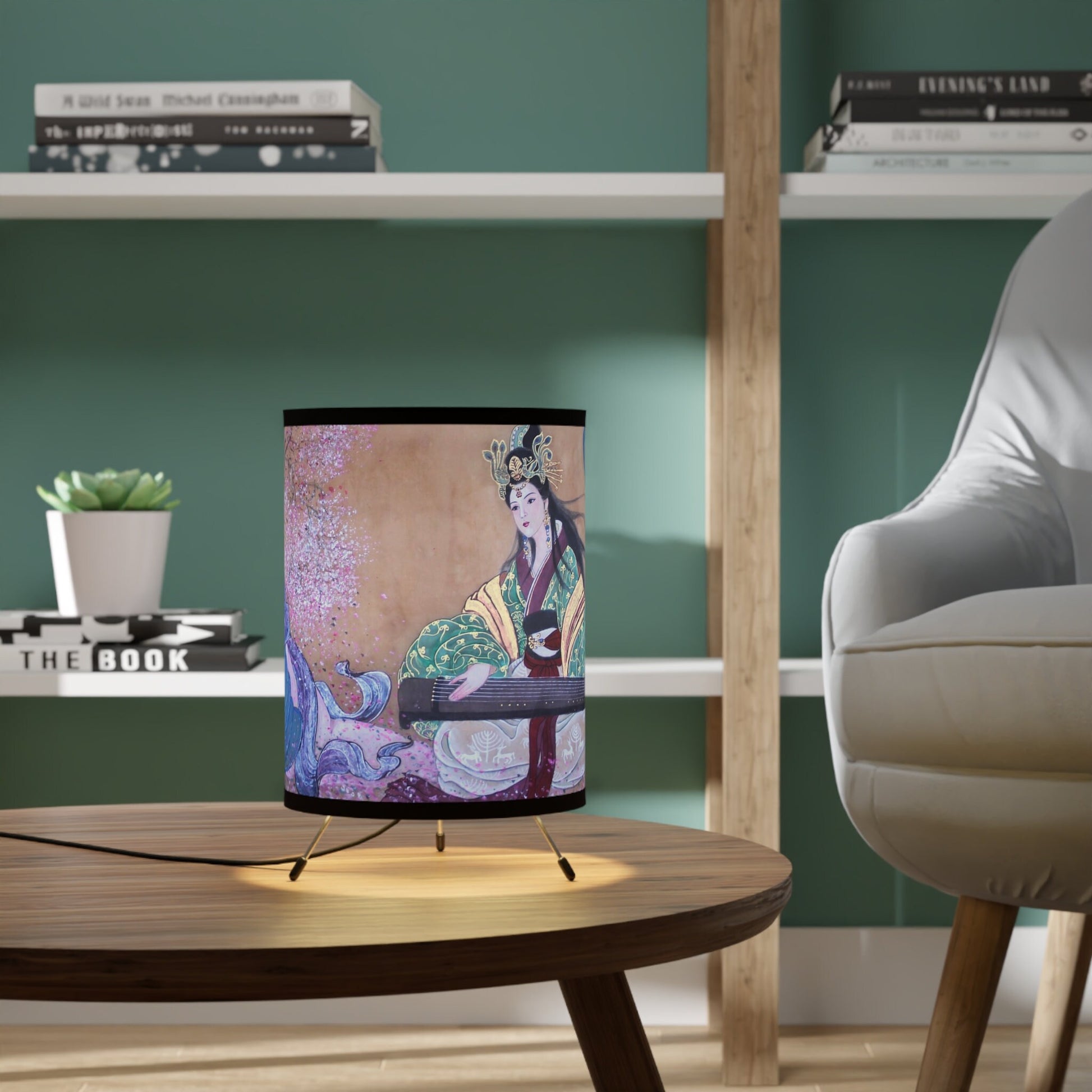 Tripod Lamp with High-Res Printed Shade | Chinese water color painting of women playing musical string instrument | Lunar New Year Gift