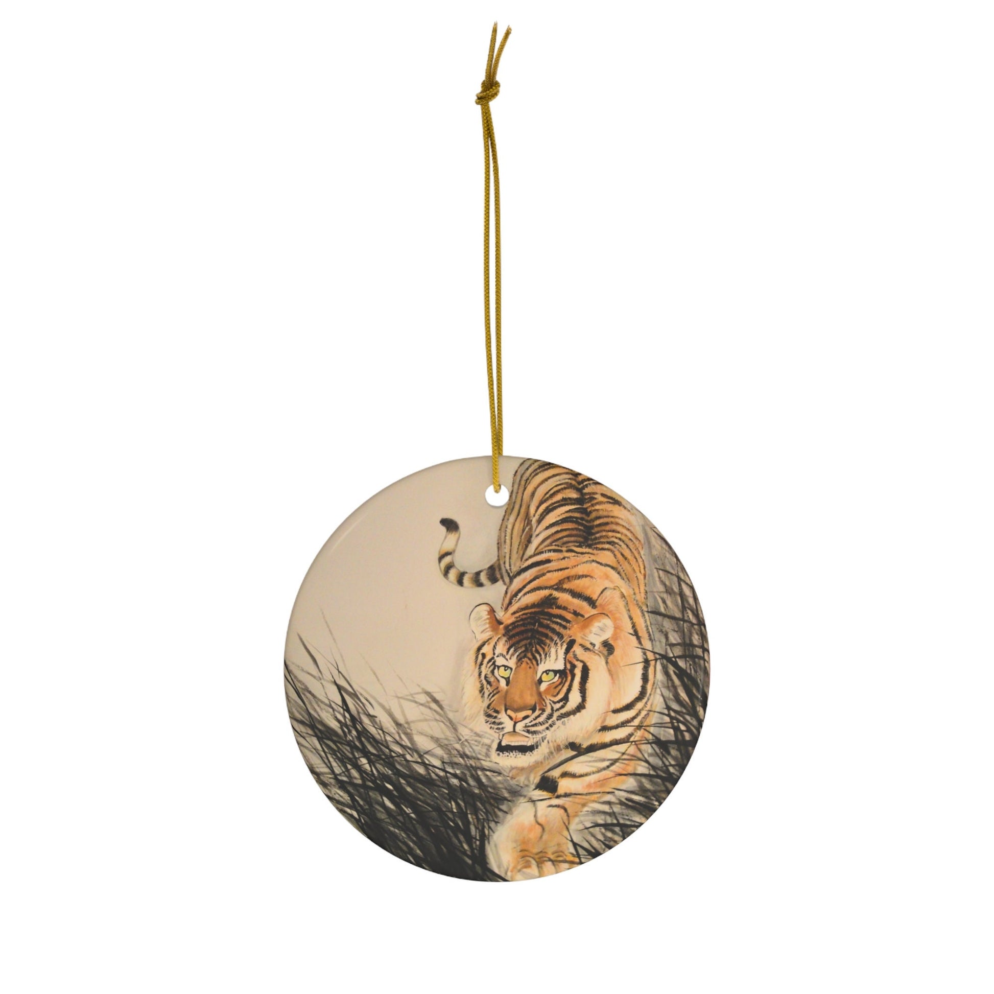 Ceramic Ornament, Tiger Chinese Watercolor, Christmas Tree Decoration, Holiday Gift, Hanging Decor, Festive Season Bauble