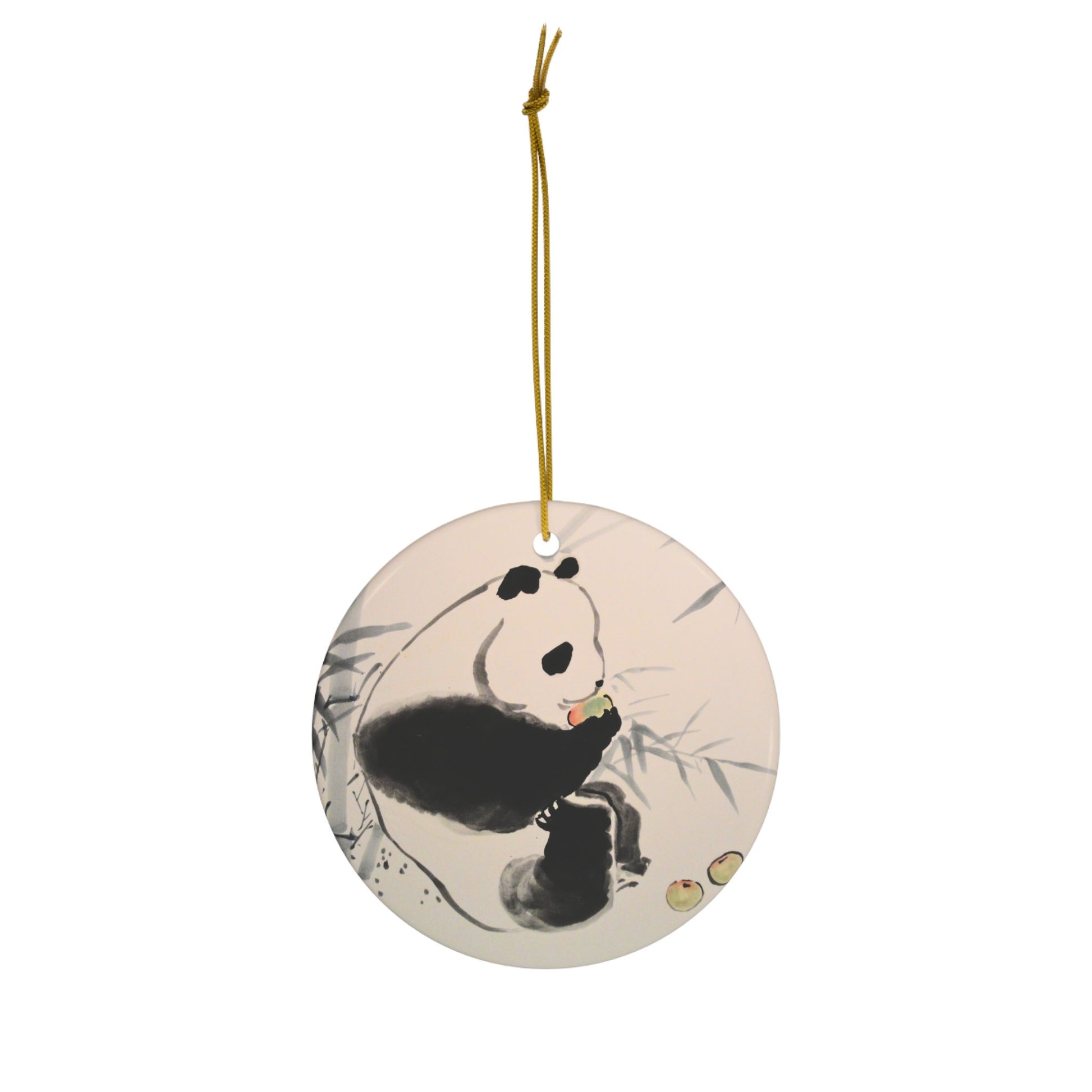 Ceramic Christmas Tree Ornament with adorable Panda in Chinese watercolor technique, animal or art lover holiday gift, present