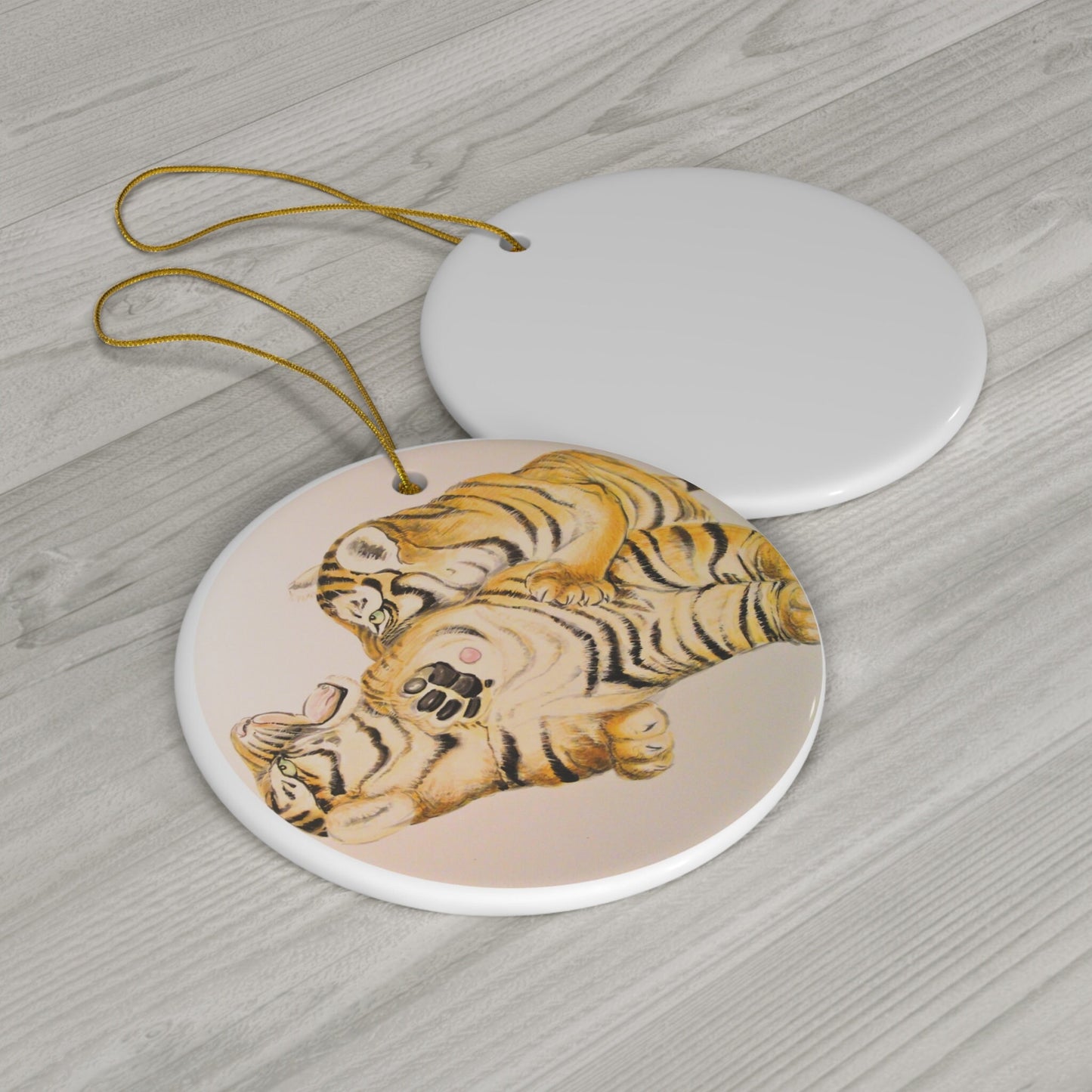 Ceramic Christmas Tree Ornament, painting of tiger cubs in watercolor technique, animal or art lover gift, present, stocking stuffer