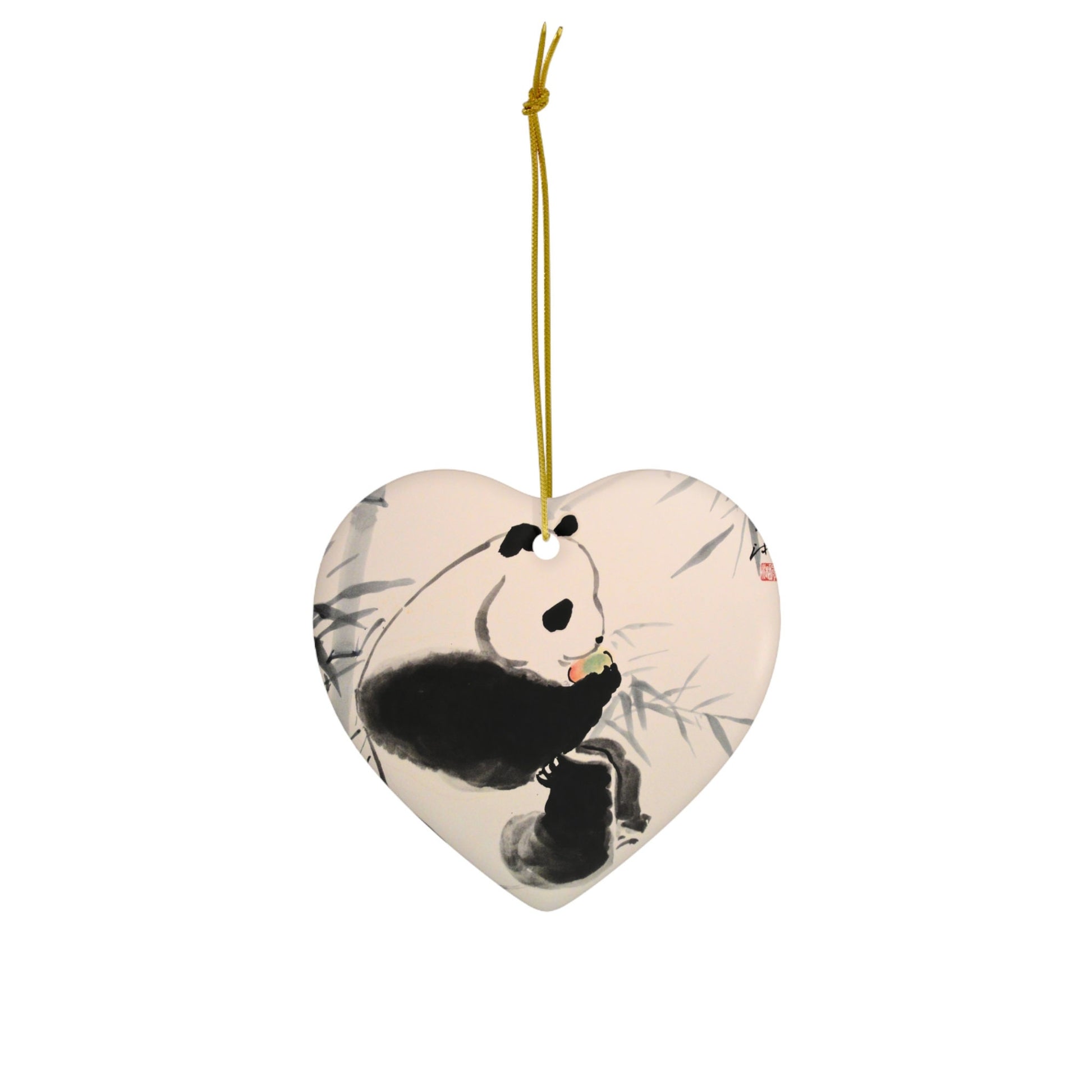 Ceramic Christmas Tree Ornament with adorable Panda in Chinese watercolor technique, animal or art lover holiday gift, present