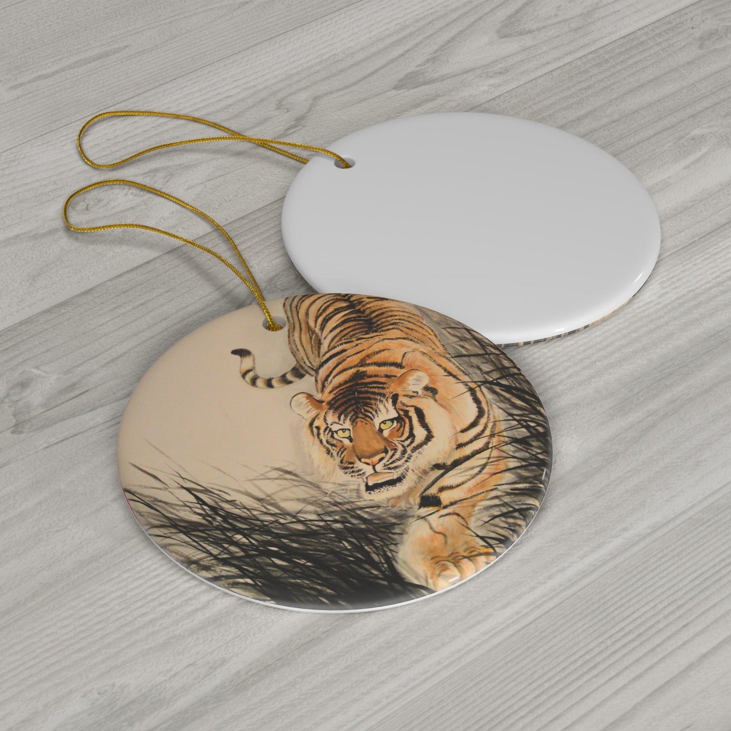 Ceramic Ornament, Tiger Chinese Watercolor, Christmas Tree Decoration, Holiday Gift, Hanging Decor, Festive Season Bauble