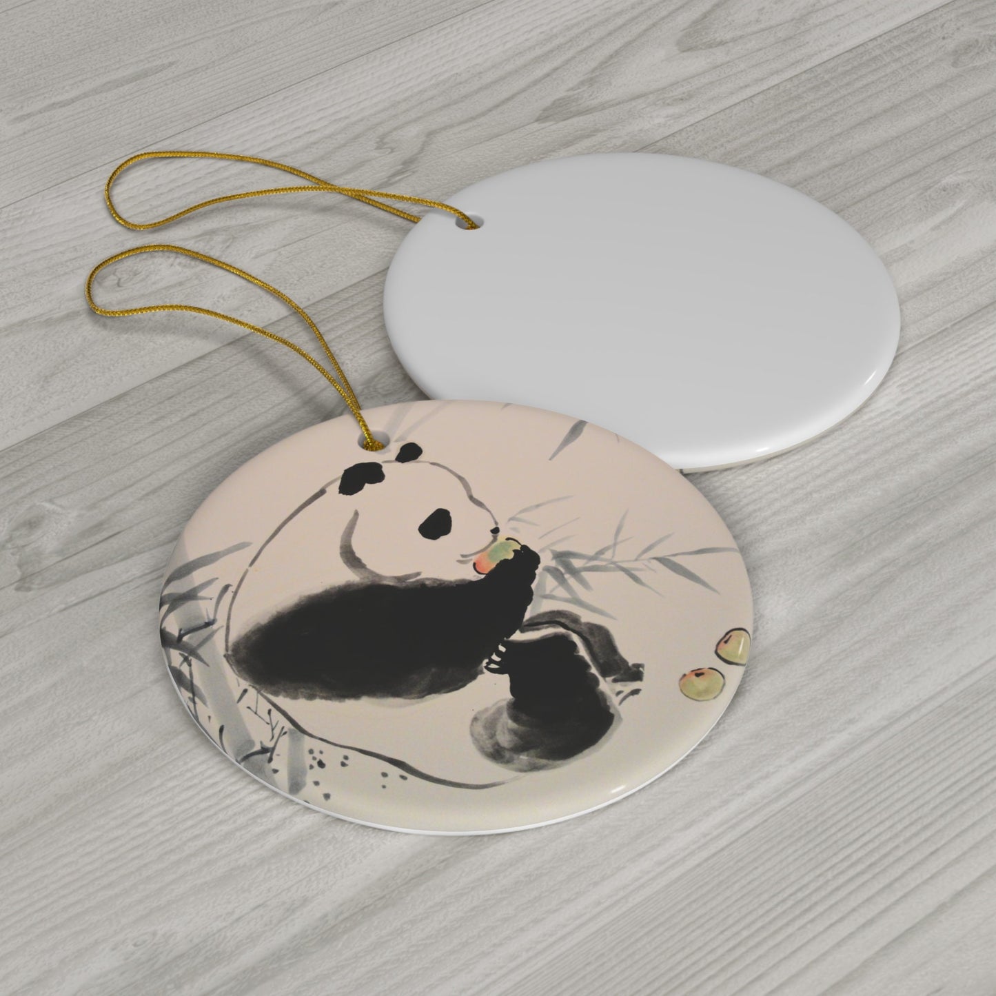 Ceramic Christmas Tree Ornament with adorable Panda in Chinese watercolor technique, animal or art lover holiday gift, present