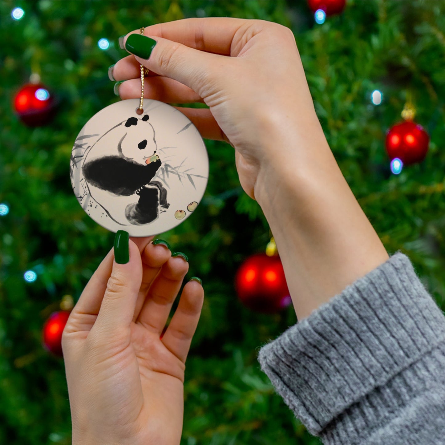 Ceramic Christmas Tree Ornament with adorable Panda in Chinese watercolor technique, animal or art lover holiday gift, present