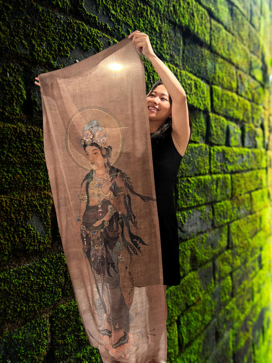 Guanyin Light Scarf, Buddai Chinese Buddha water color painting, women fashion scarf, Chinese New Year gift, unique cultural gift