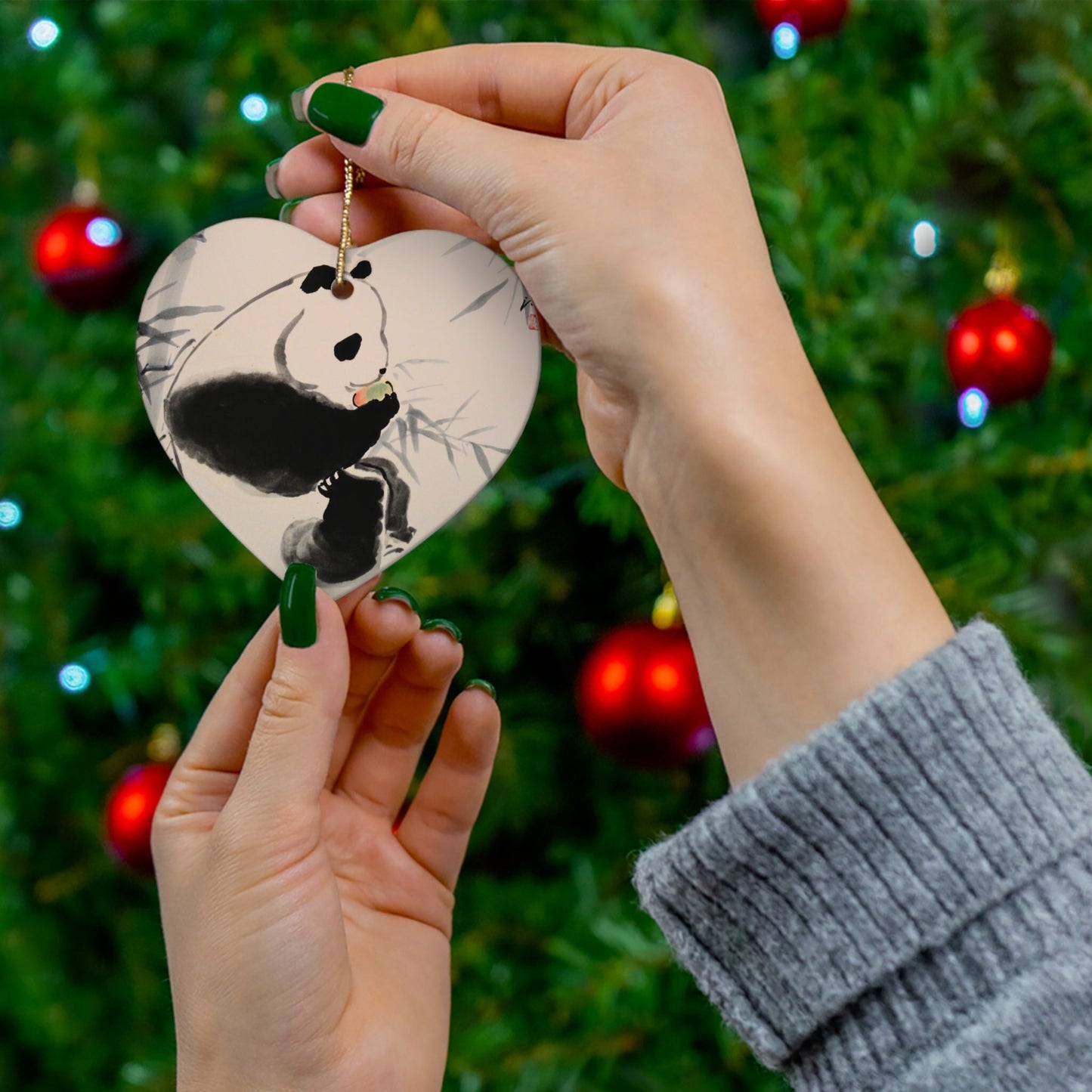 Ceramic Christmas Tree Ornament with adorable Panda in Chinese watercolor technique, animal or art lover holiday gift, present